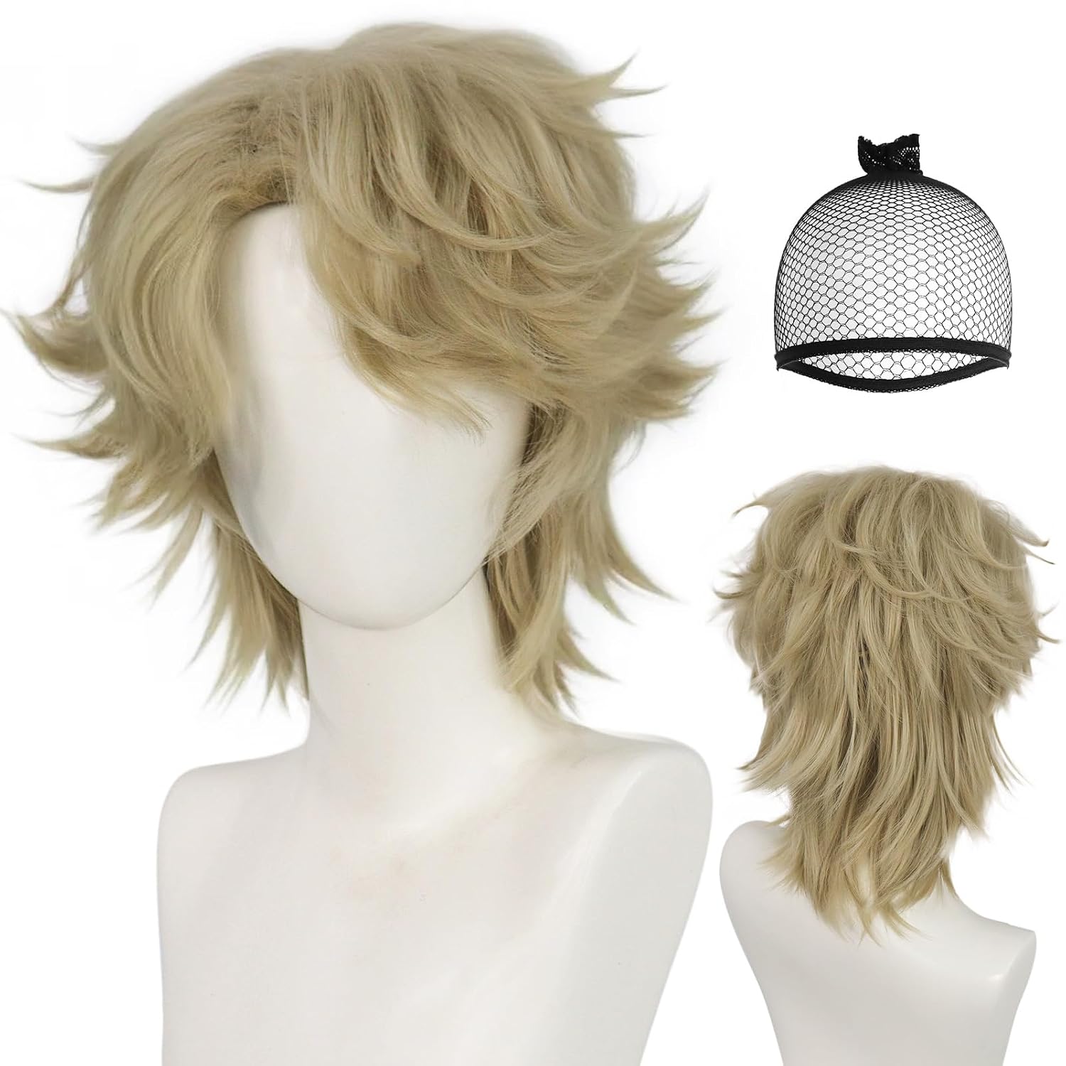 BESTBEL Blonde Wolf Tail Wig for Men Blonde Mullet Wigs with Side Bangs Men | Blond Wolf Cut Wig Blond Anime Cosplay Wig Fluffy Layered Synthetic Hair for Halloween Cosplay Outfit Party Costume +Hair Net