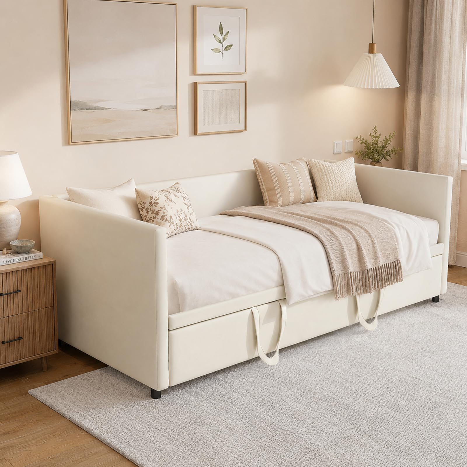 Sofá Cama Extensible 90/180 x 200 cm, sofá Cama de 2 plazas con función de Dormir y somier, Sofa Camas Nido, tapizado en Terciopelo, sin colchón (Beige)