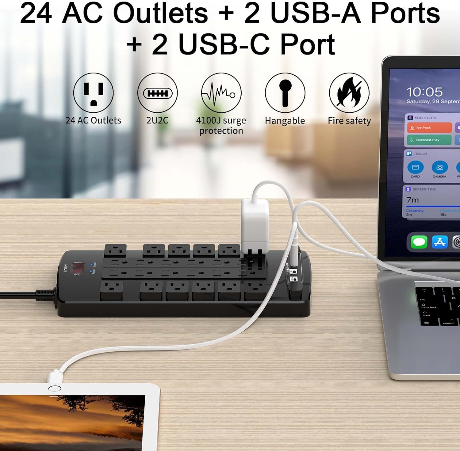 QINLIANF Surge Protector Power Strip - 6Ft Flat Plug Heavy Duty Extension Cord with 24 Outlets and 4 USB Ports(2 USB-C Ports), 1875W/15A, 4100J, for Home, Office, Dorm, ETL Listed, Black - Image 2