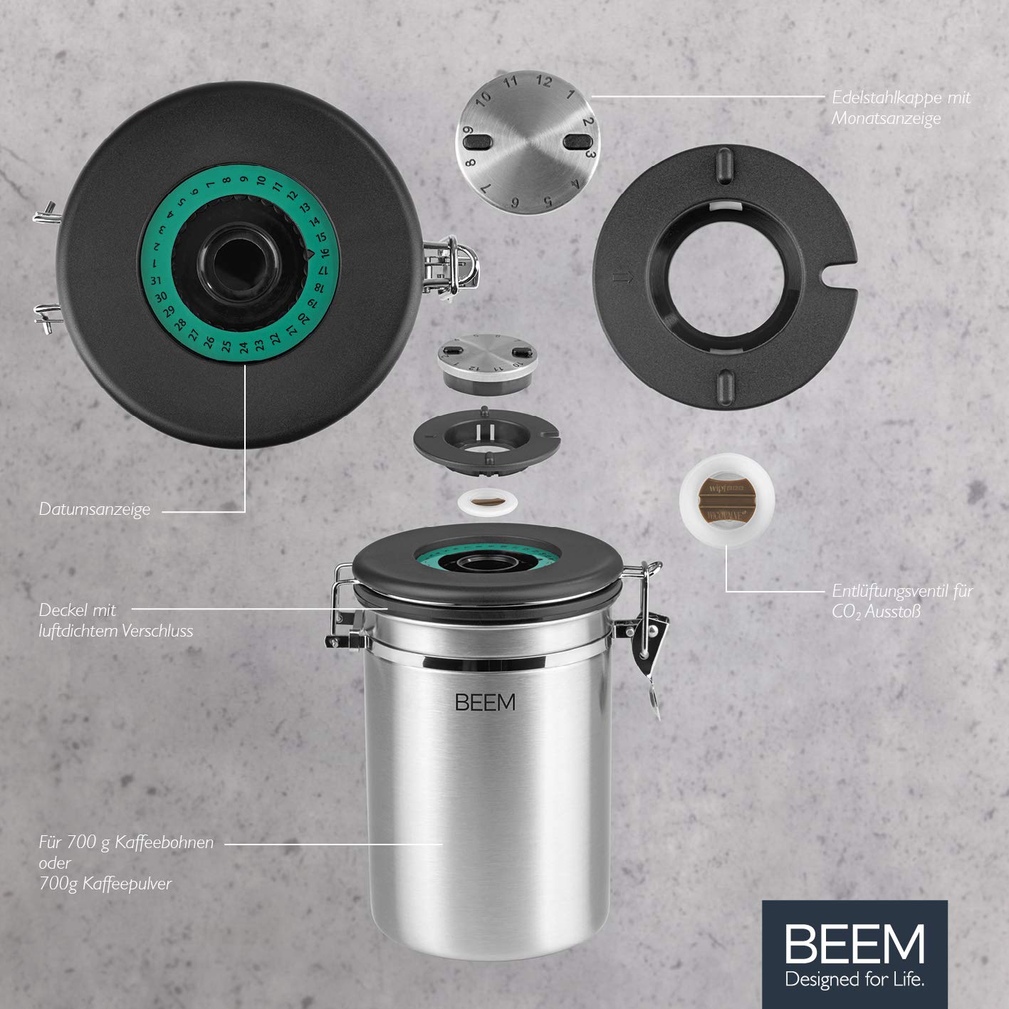 BEEM KAFFEEDOSE puszka na zapasy z łyżeczką dozującą - 1,9 l | hermetyczna ze stali nierdzewnej | wskaźnik daty | 700 g kawy | puszka aromatu | zawór odpowietrzający CO2