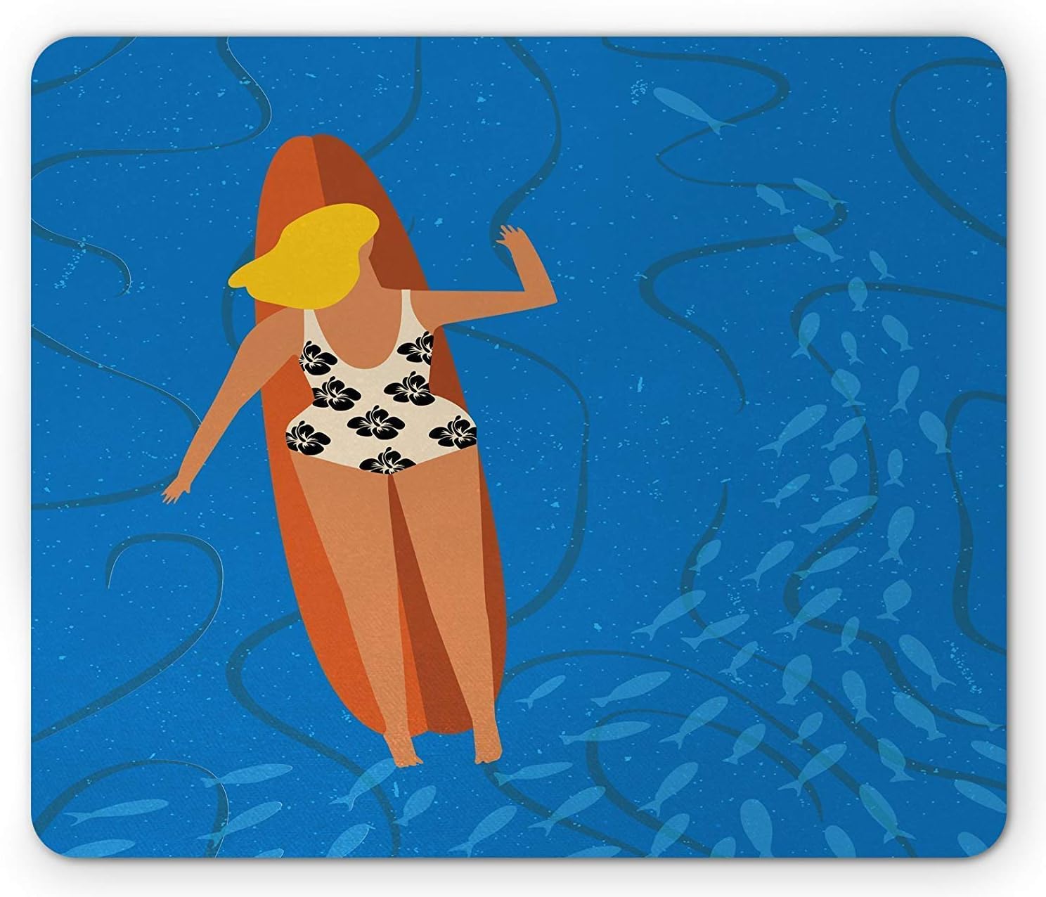 ランキングtop10 夏のマウスパッド 金髪のサーファー女性の海で泳ぐ魚シルエット熱帯イラスト 多色 標準サイズの長方形滑り止めゴムマウスパッド