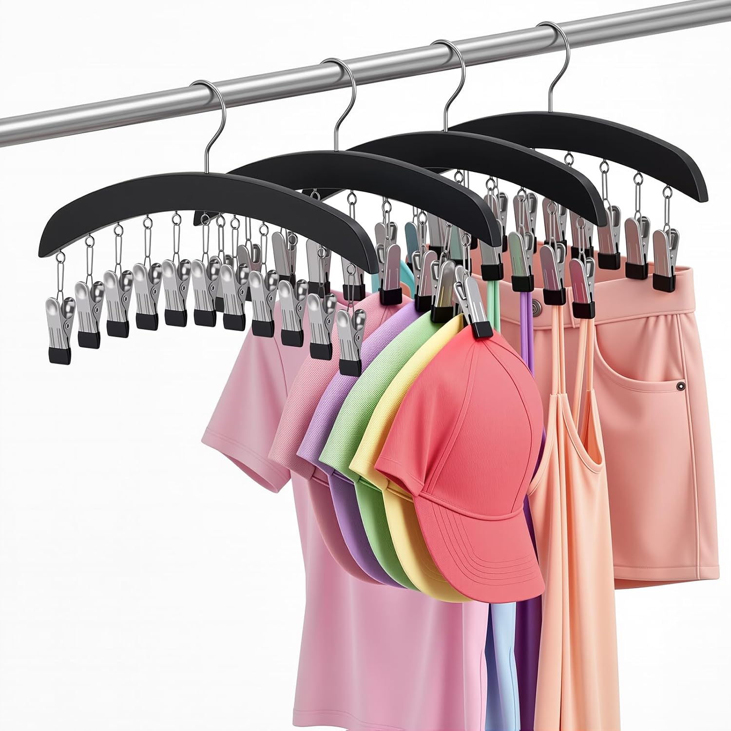 4 Pack Black Wooden Leggings Hangers with 48 Non-Slip Clips, Closet Organizer with 360° Swivel Hook for Yoga Pants, Skirts, Shorts, Scarves