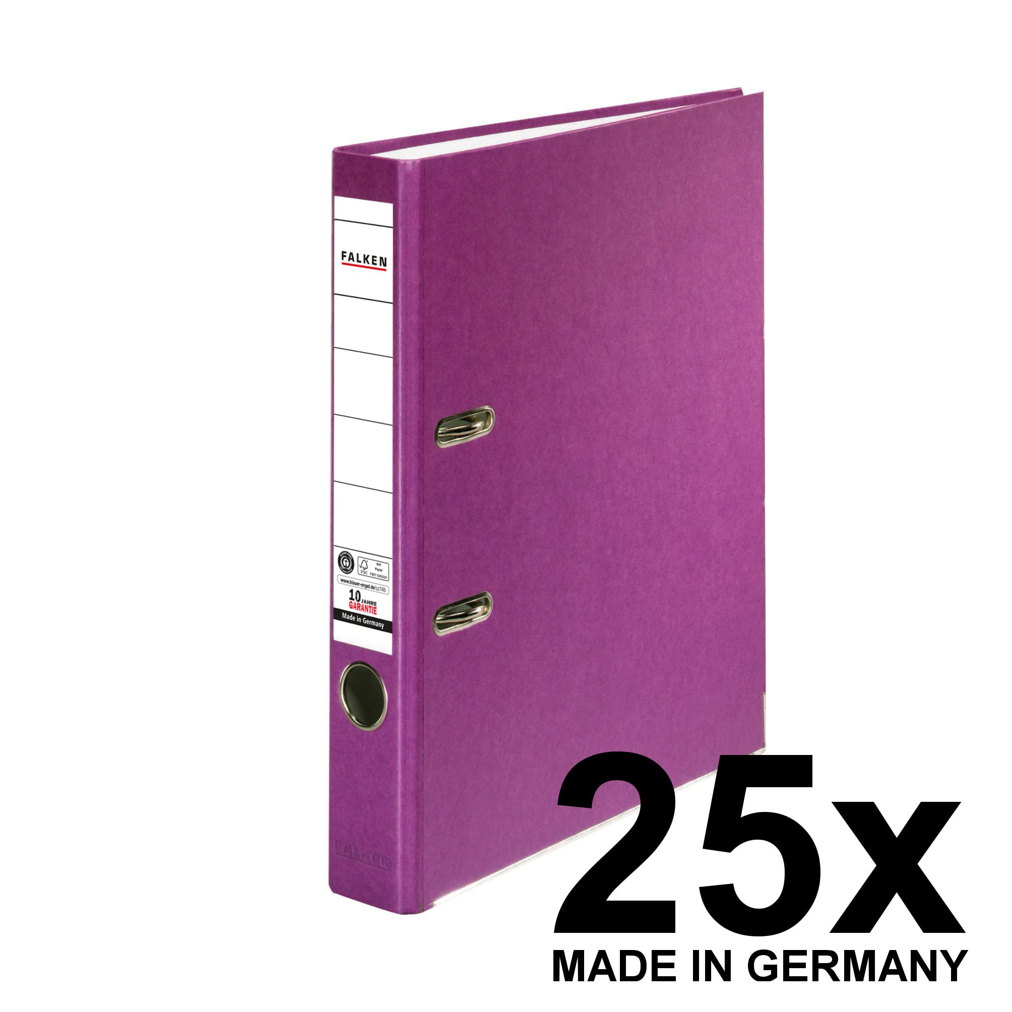 Falken, confezione da 25 raccoglitori ecologici Recycolor, realizzati in Germania, rivestimento di carta colorato esterno 5 cm, formato DIN A4, viola