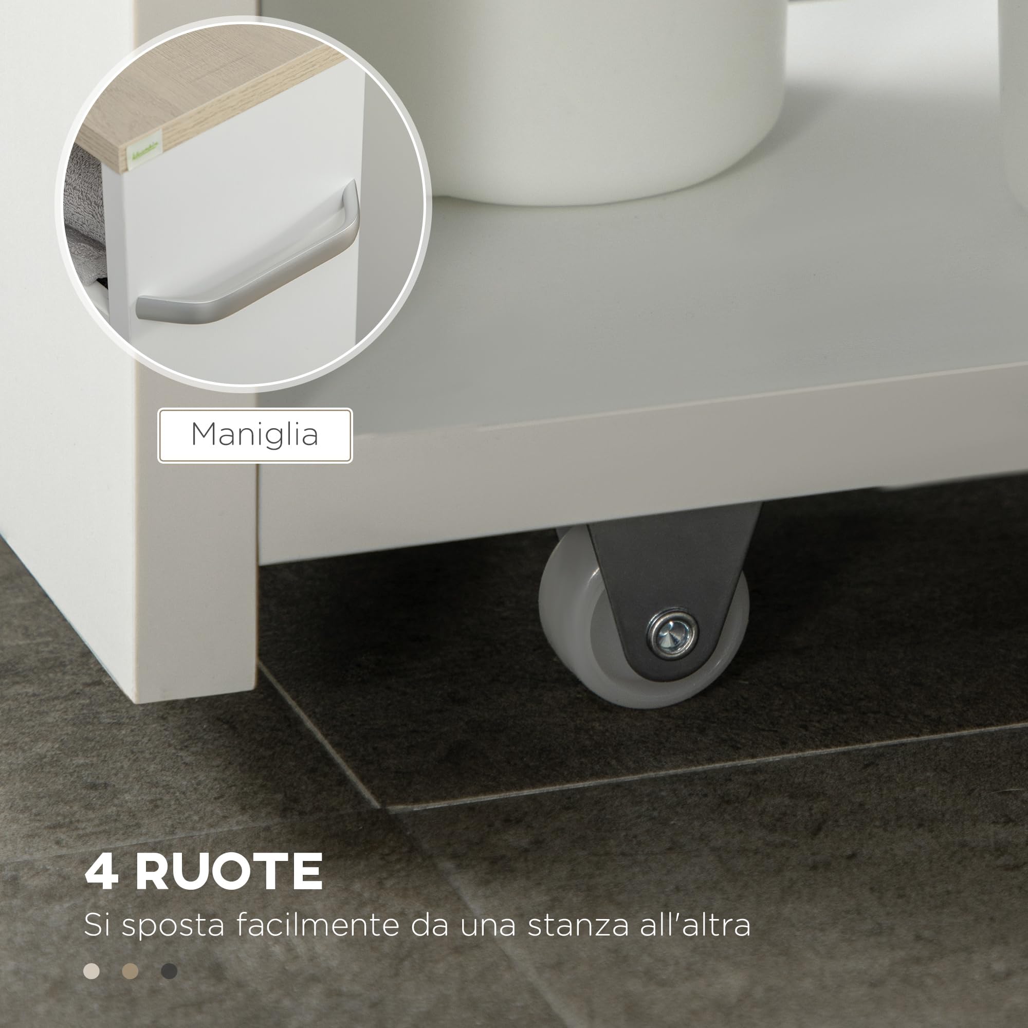 kleankin Carrello da Cucina a 3 Ripiani Salvaspazio, Mobiletto Bagno con Rotelle e Maniglia in Legno per Bagno, 48x15x80cm, Bianco