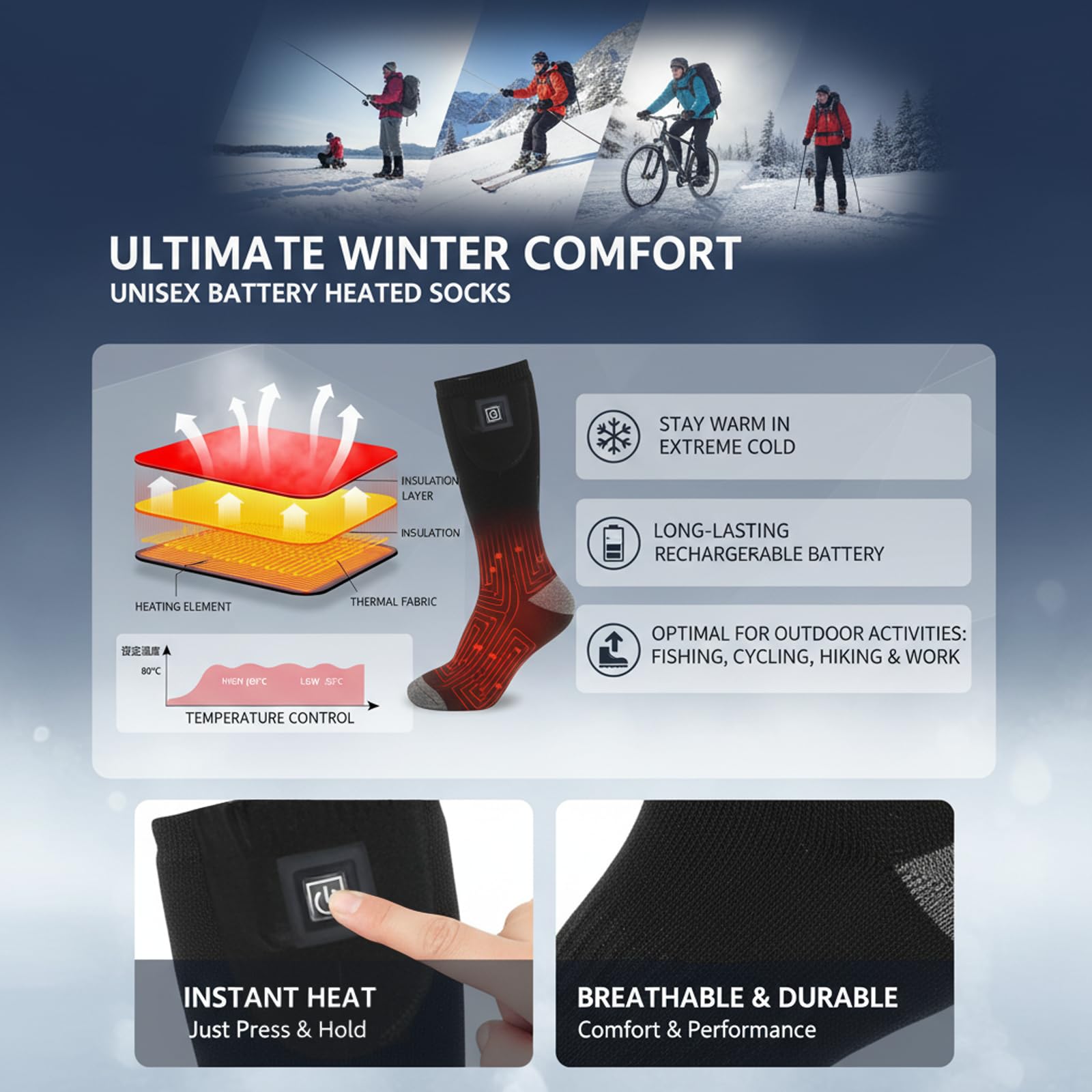 Calcetines calentados con temperatura ajustable, calcetines calefactables para hombre y mujer, 3 niveles de calor y batería de 4000 mAh, lavable a máquina, para exterior, senderismo, esquí, camping