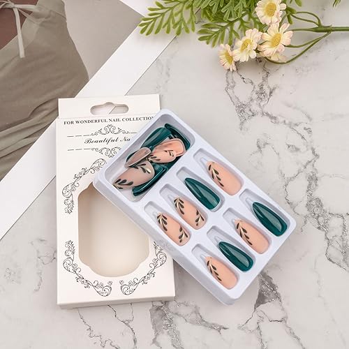 Miniatura 2 de Uñas postizas a presión en forma de almendra, medianas, 24 unidades, color verde oscuro, con diseño de hojas, uñas acrílicas brillantes de cobertura