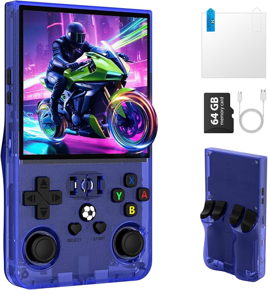 R36MAX Retro Handheld Game Console, Portable Retro Gaming Console 4.0'' IPS HD Screen and Linux System, Support 30+ Emulator and 64GB TF Card Video Game Consoles, 4000mAh Battery (Blue 64GB)