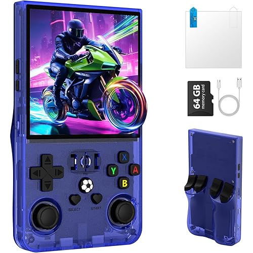 R36MAX Retro Handheld Game Console, Portable Retro Gaming Console 4.0'' IPS HD Screen and Linux System, Support 30+ Emulator and 64GB TF Card Video Game Consoles, 4000mAh Battery (Blue 64GB)