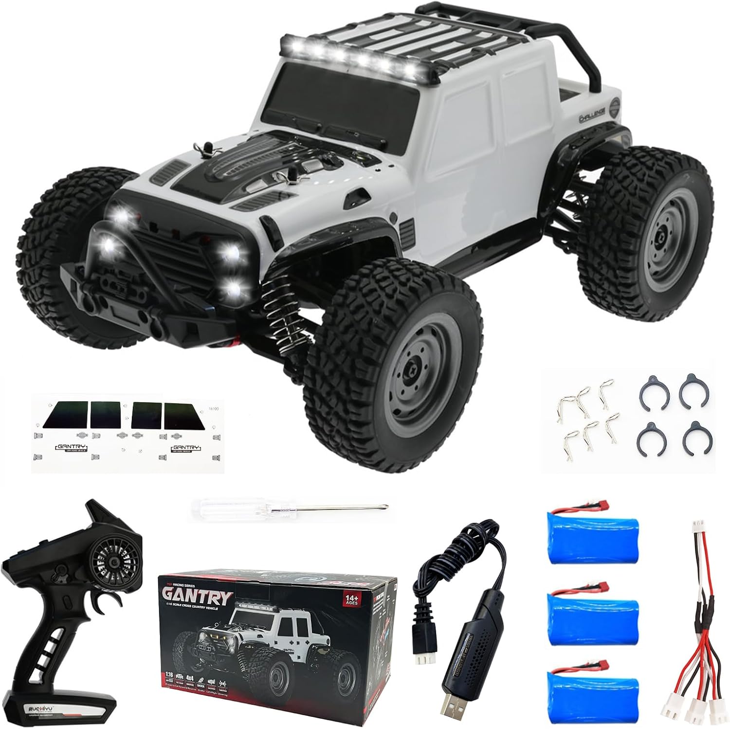SCY16103 1/16 Rc Car 4X4 RC Truck 35 Km/h RC Cars 2.4GHz 4CH 4WD 390 Class Motor Remote Control Truck with 3 Rechargeable 1500mah Batteries (White)
