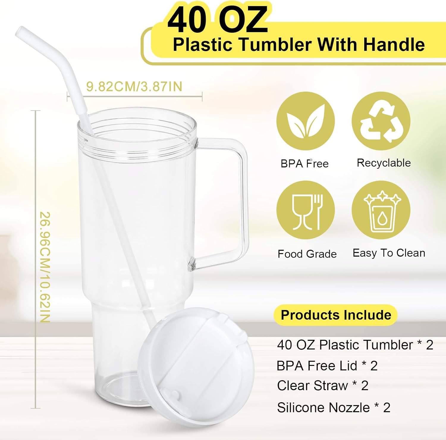 2 Pack 40 oz Acrylic Tumbler with Handle, Clear Plastic Cups with Lids and Straws, BPA-Free Reusable Iced Coffee Cups, Wide Mouth Travel Mug for Coffee, Boba, Smoothies, Soda, Juice - Image 2