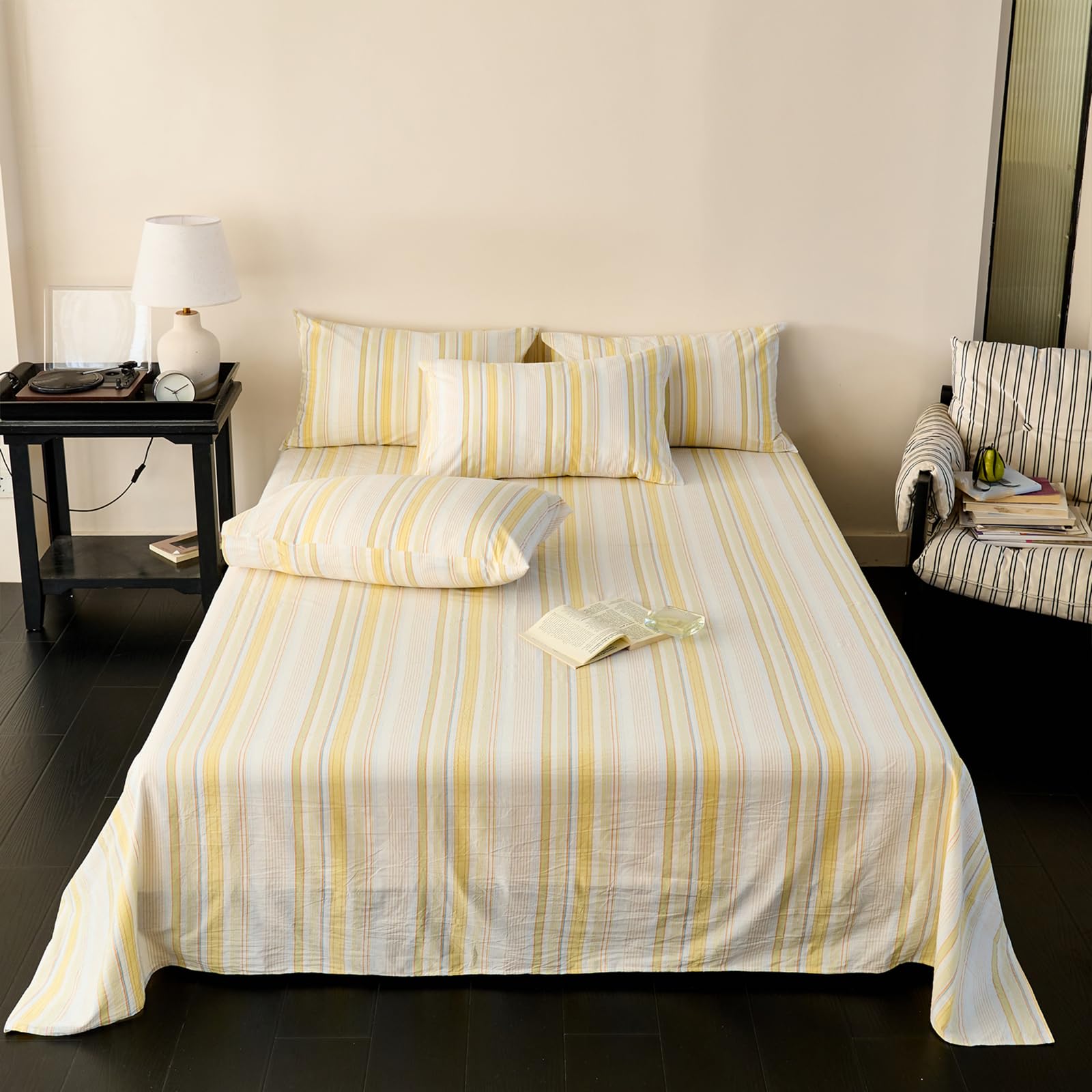 Bettlaken ohne Gummizug 245x250cm gelb gestreift | Baumwolle,Extra großes Bettlaken,Gestreift,Sommerlaken，weiches und atmungsaktives,mit 2 x Kissenbezug von 50 x 75 cm