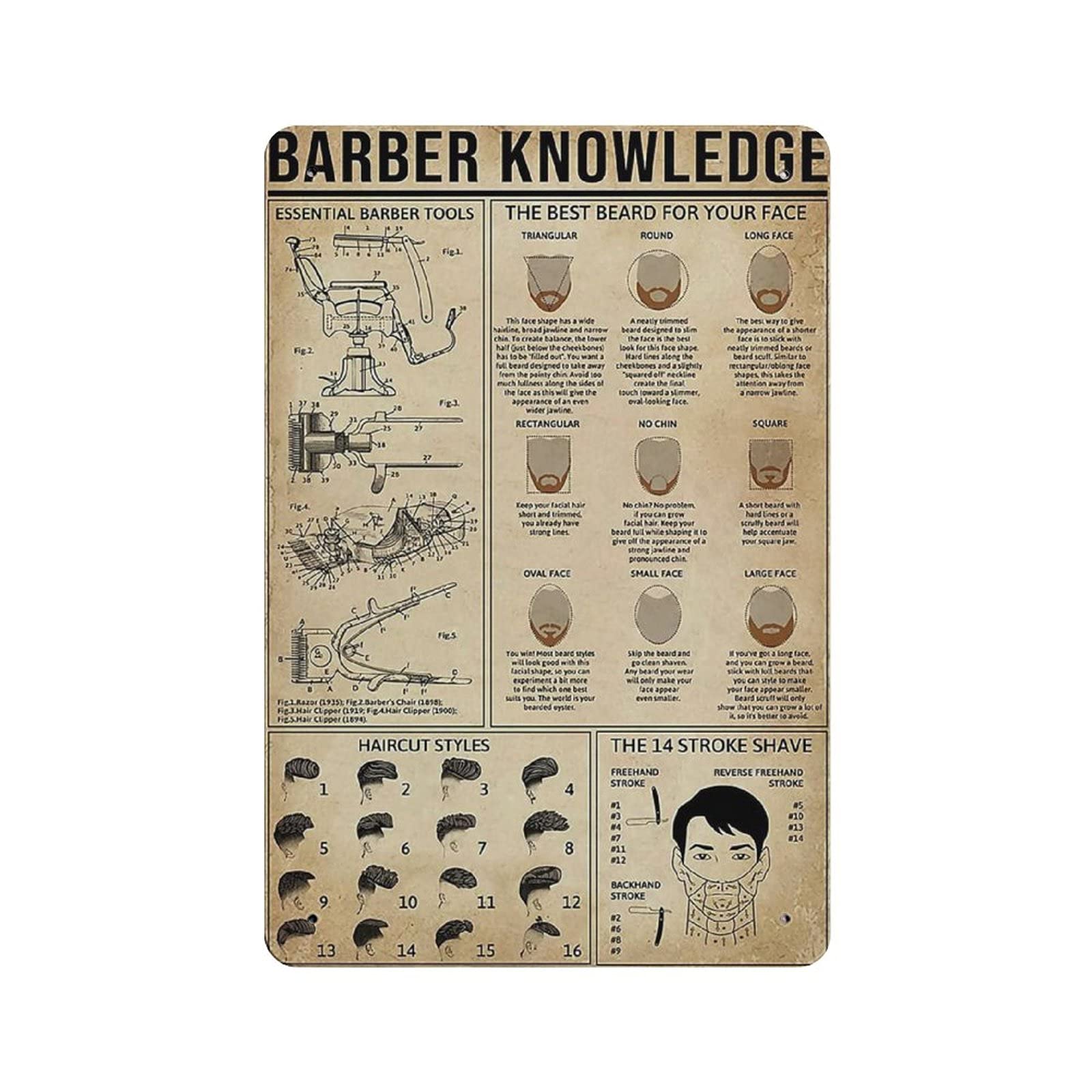 rayprint Barber Knowledge Tin Sign Metal Plaque Art Hanging Iron Painting Retro Home Kitchen Garden Garage Wall Decor 12"x8"