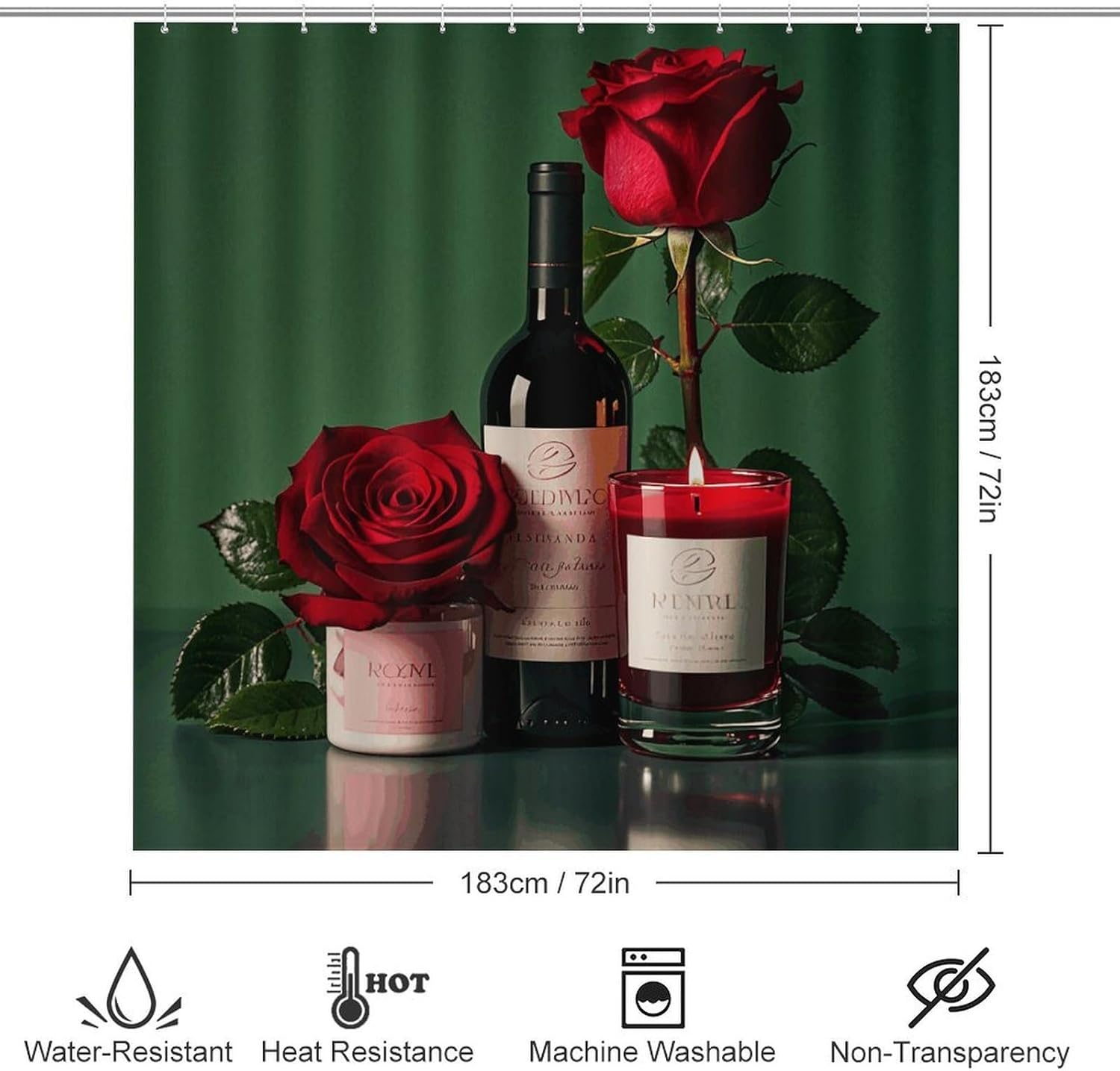 Red Wine Rose and Candle Shower Curtain Set 4 Piece, Non-Slip Bath Mat with Toilet Lid Cover and Waterproof Shower Curtain with 12 Hooks, Complete Bathroom Set for Home Decor
