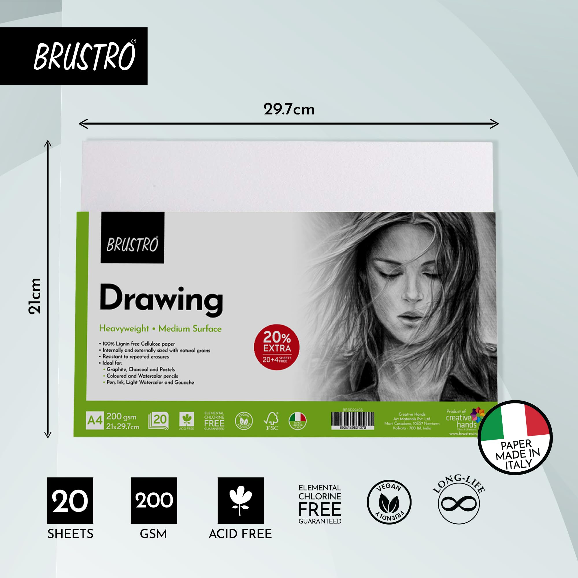 BRUSTRO Drawing Papers | 200 GSM, A4, Pack of 24 (20+4 Sheets) | Ideal for Students and Adults, School, Coloring, Professional Art, Craft, Graphite, Charcoal, Pastels, Sketching, Shading, Drawing — Amazon image 3