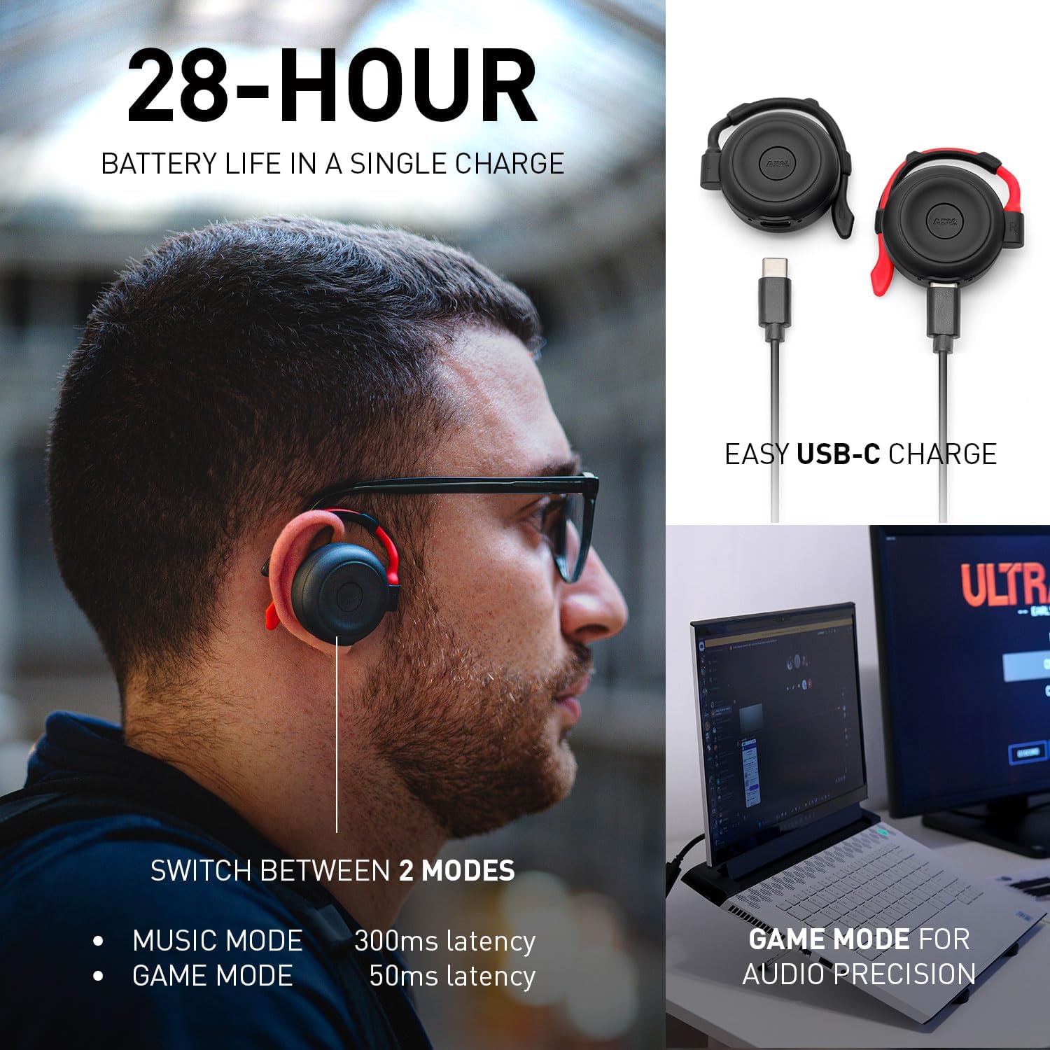 ADV. Over Ear Wireless Headphones – Spider On-Ear Bluetooth Headphone with Mic, 30mm Driver, HiFi Sound, Secure Fit, Game/Music Mode, Low Latency, Lightweight, 28H Battery Life, USB-C Charging