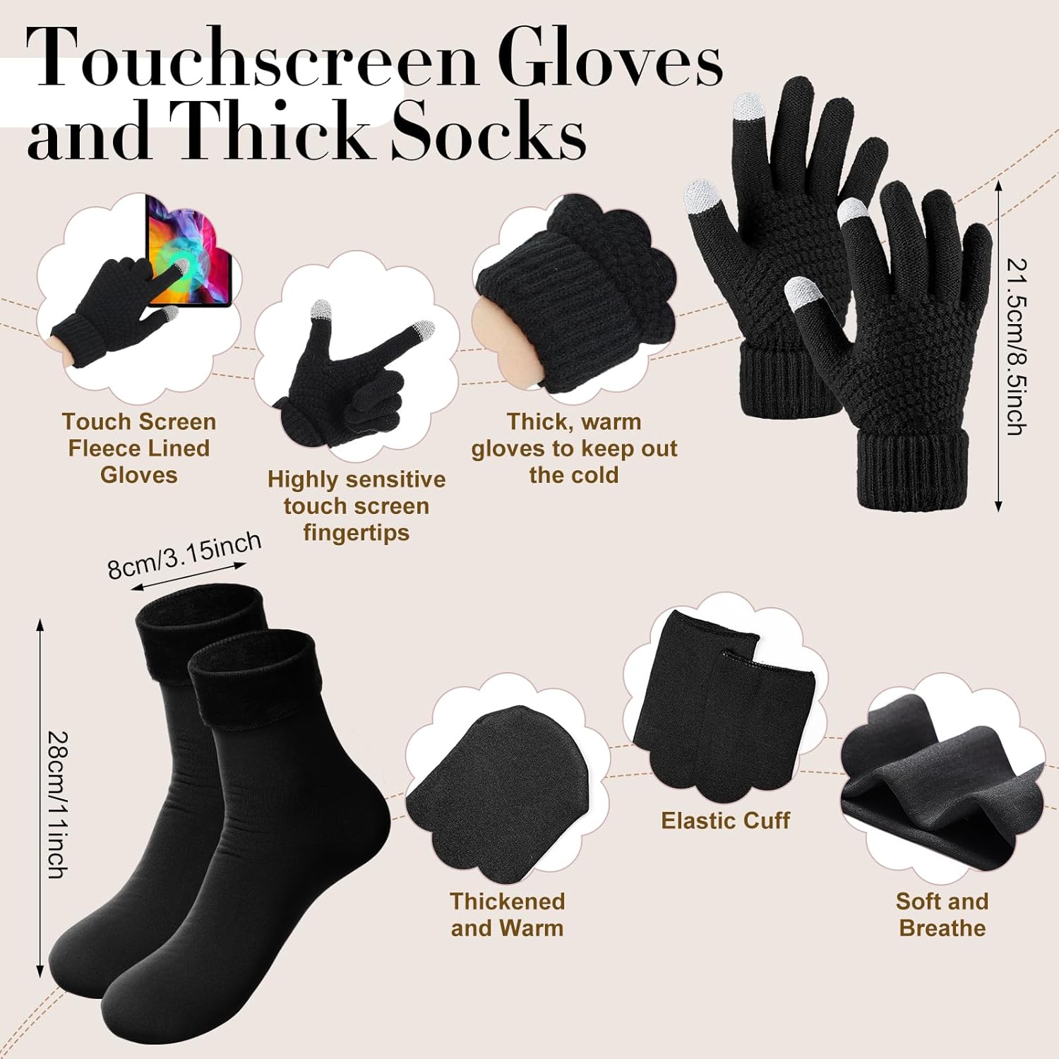 Geyoga 6 Pcs Winter Warm Set for Women Warm Beanies Hats Touchscreen Gloves Long Scarf Ear Muffs Socks Winter Gifts for Women - Image 6