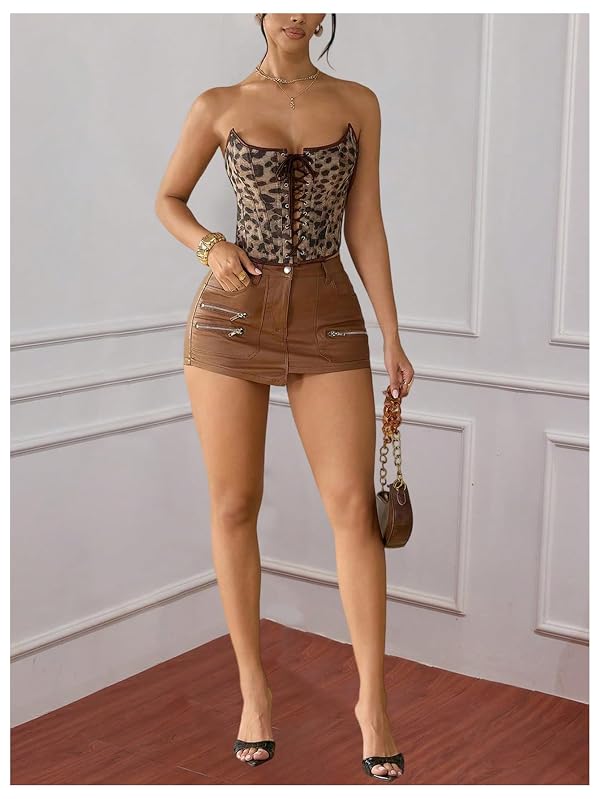 RoseSeek Women's Cropped Leopard Cheetah Corset Tops Lace Up Tube Bustier by RoseSeek - Used condition - Image 5