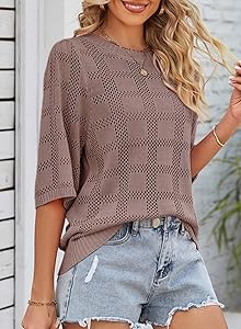 Dokotoo Women's Casual Short Sleeve Loose Tunic Tops Lightweight Crochet Knit Summer Sweaters Blouses
