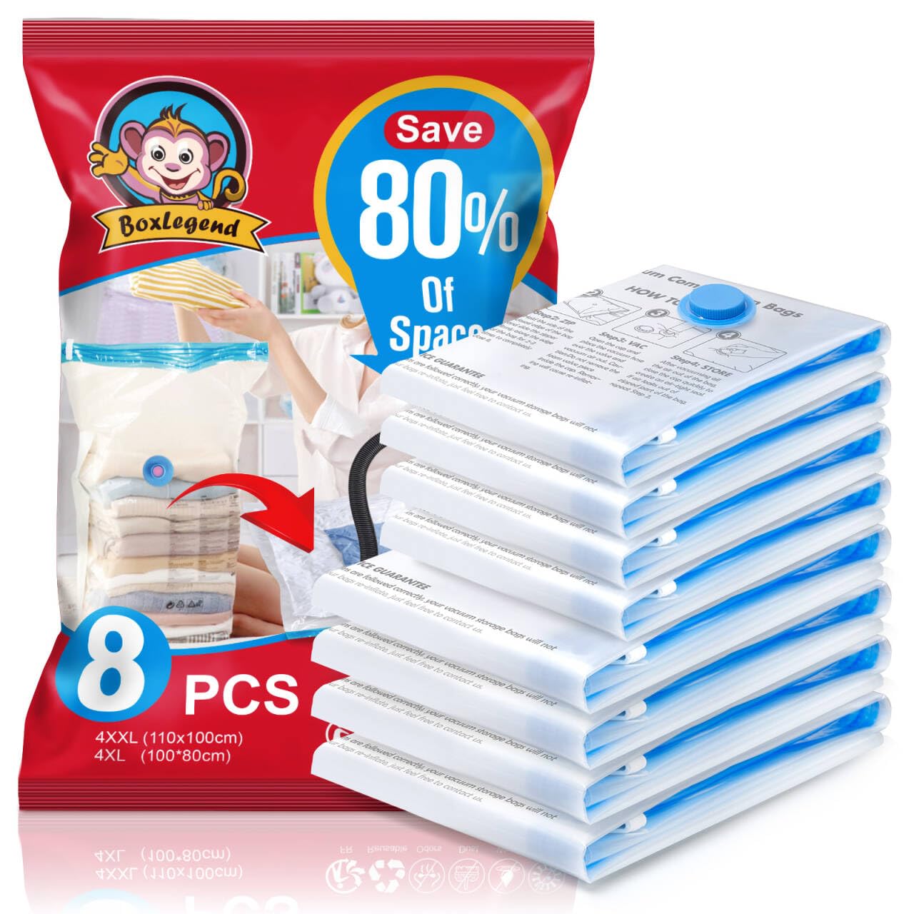 BoxLegend Vakuumbeutel 8 Stück, 4XXL*110x100cm + 4XL*100x80cm, Vakuum Aufbewahrungsbeutel für Kleidung Bettdecken Bettdecken Kissen Wolldecken