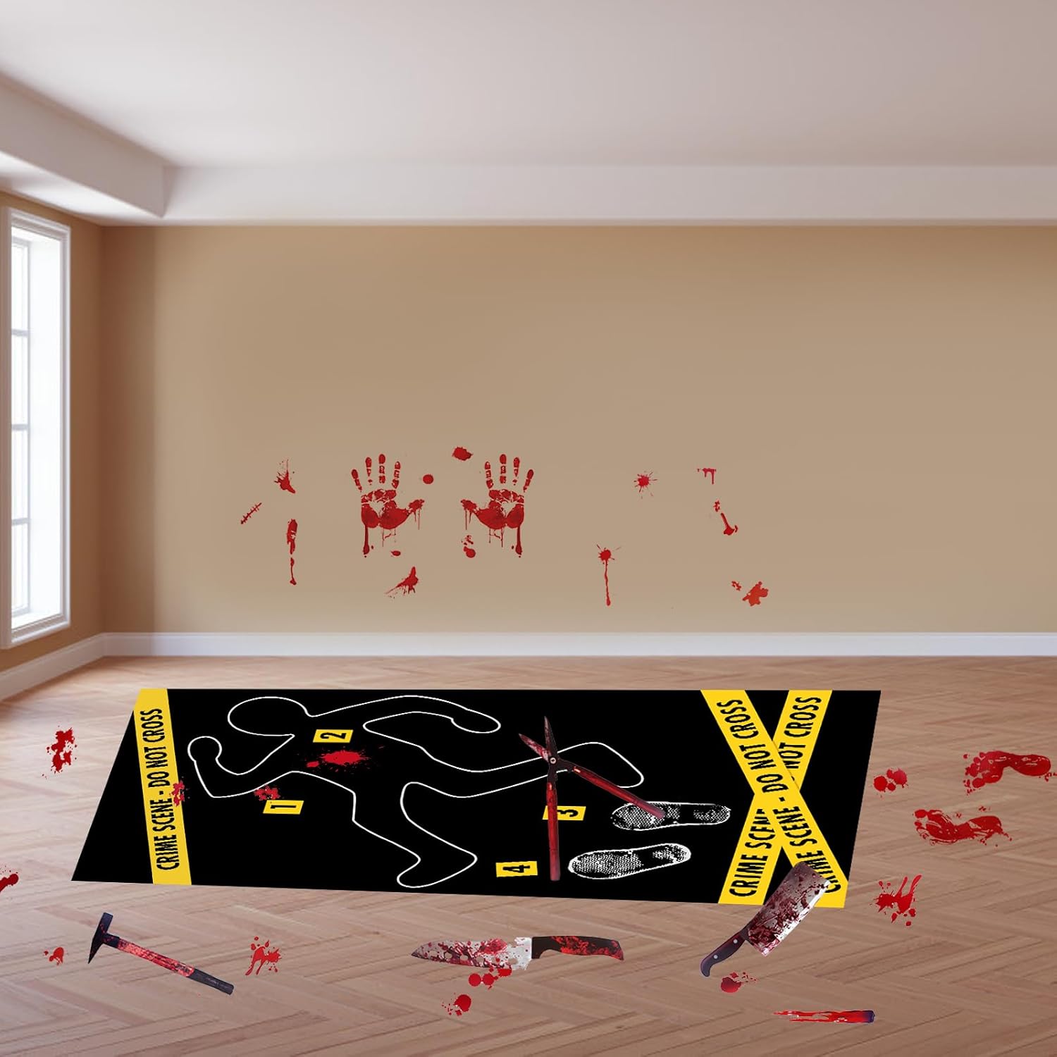 Kyson Crime Scene Decoration-Mystery Murder Dinner Party Decor Kits-Halloween Decoration Includes Body Silhouette Mugshot Background Photo Booth Props Footprint Bloody Stickers (19 Pcs)