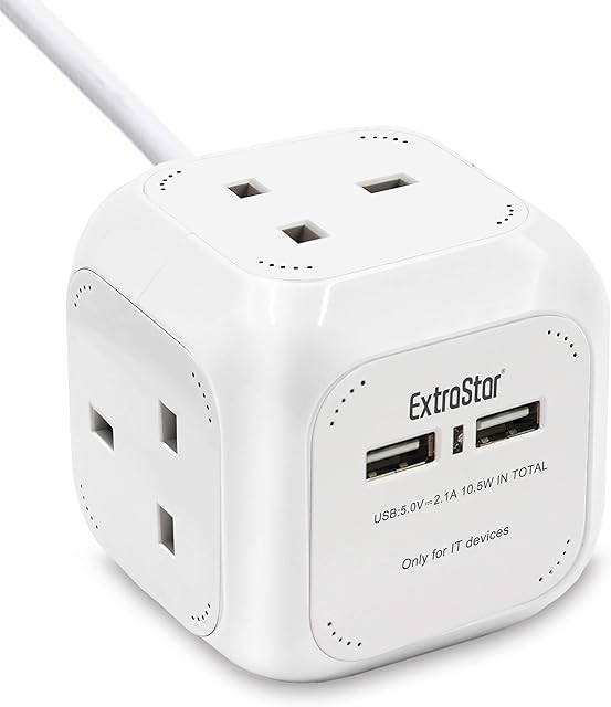 ExtraStar Power Cube 4 Ways Extended Lead with 2 USB Slots (5V/2.1A) Power Strip 1.5 Metre Cable Power Socket UK Plug for Home, Office, Travel and More - White
