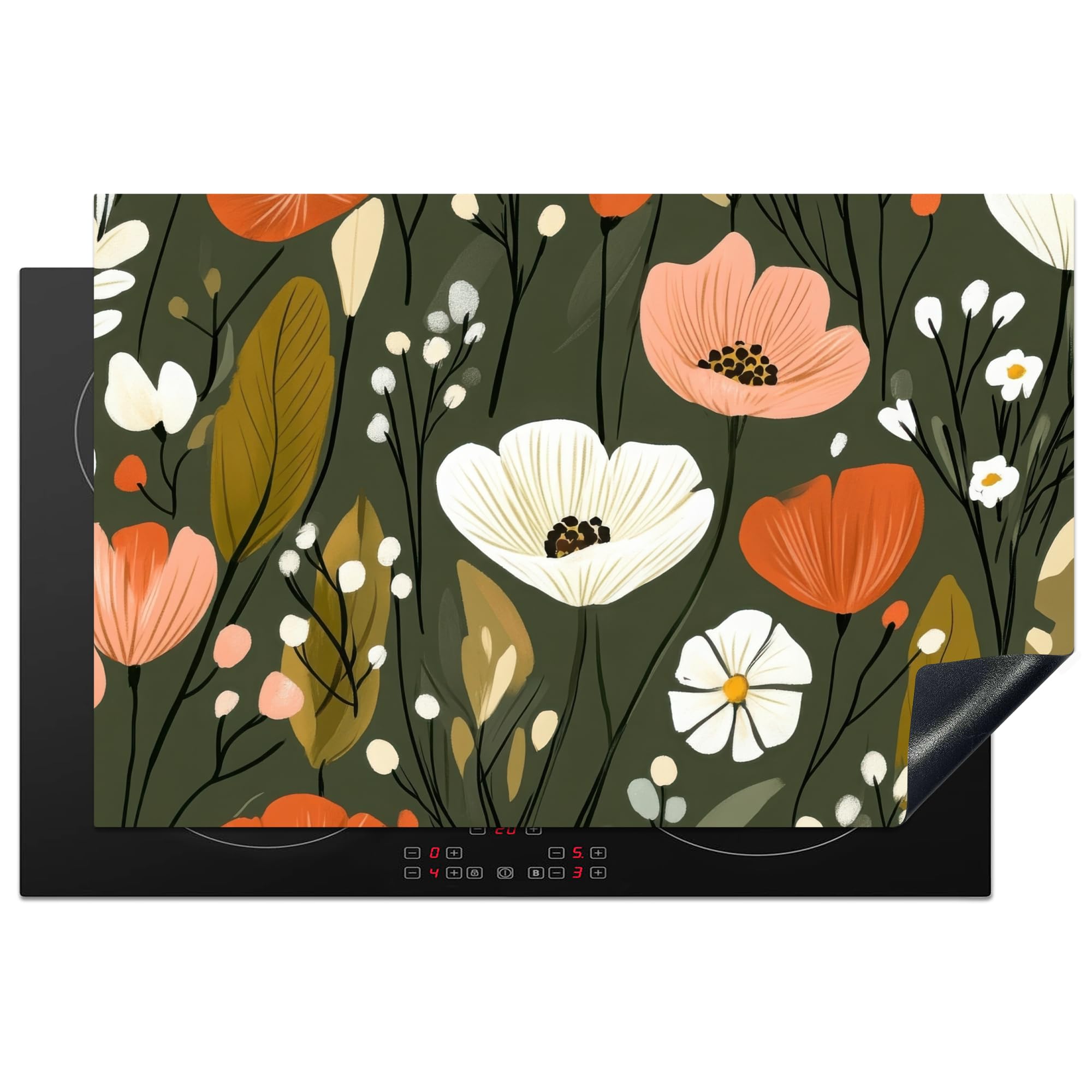 KitchenYeah© Induction Hob Cover Protector Mat 20.5"x31.9" / 81.2x52 cm Kitchen Universal Ceramic Covers for Electric Cookers Vinyl Flowers - Illustration - Green