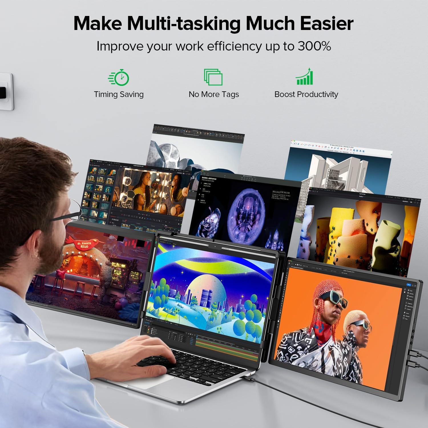 UPERFECT 2K 14" 360° Swivel Hinge Triple Monitor, 2240x1400 QHD IPS Portable Dual Monitor for 13.3"-17.3" Laptops