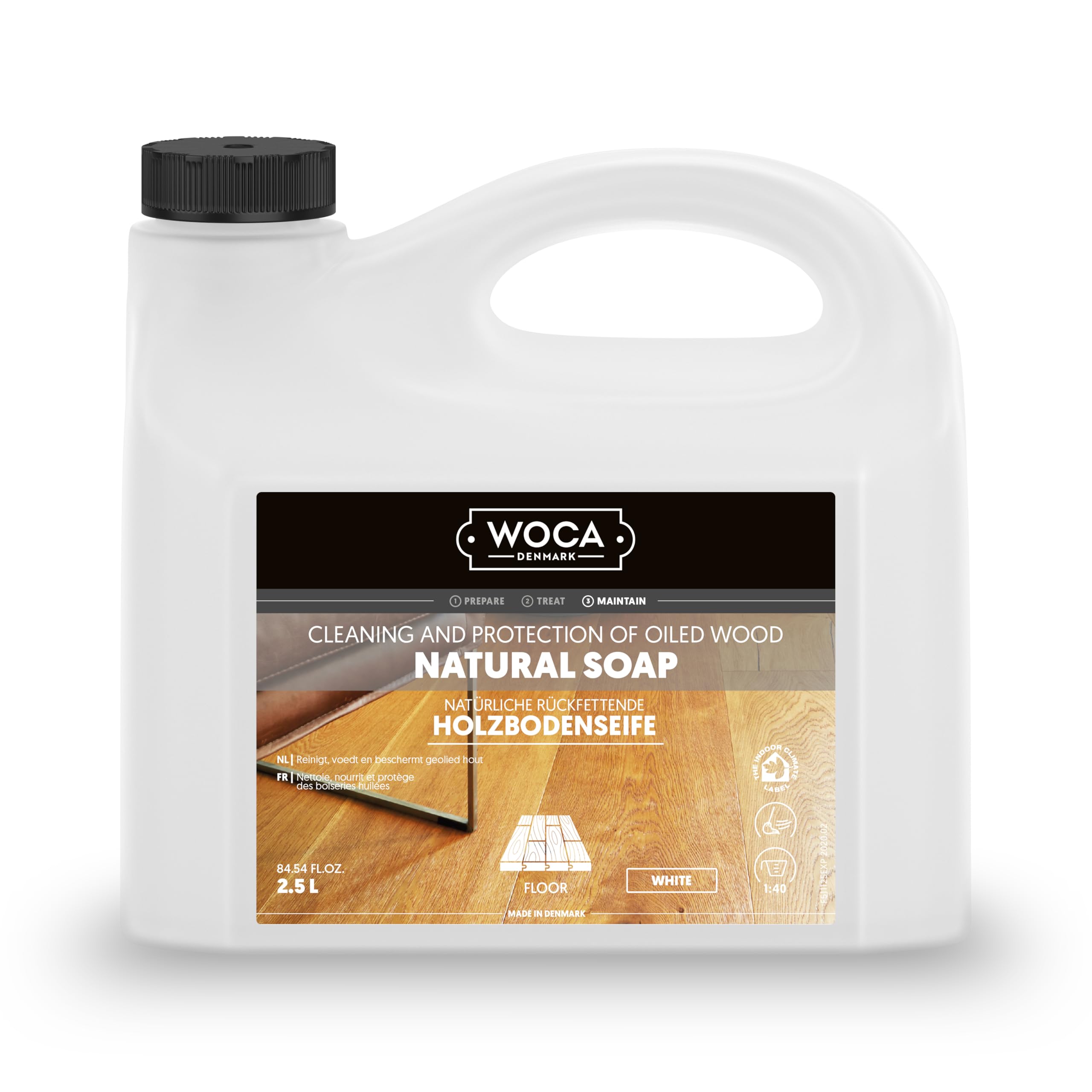 WOCA Denmark Sapone per pavimenti in legno, bianco, 2,5 l, per pavimenti in legno oliato, cerato e saponato