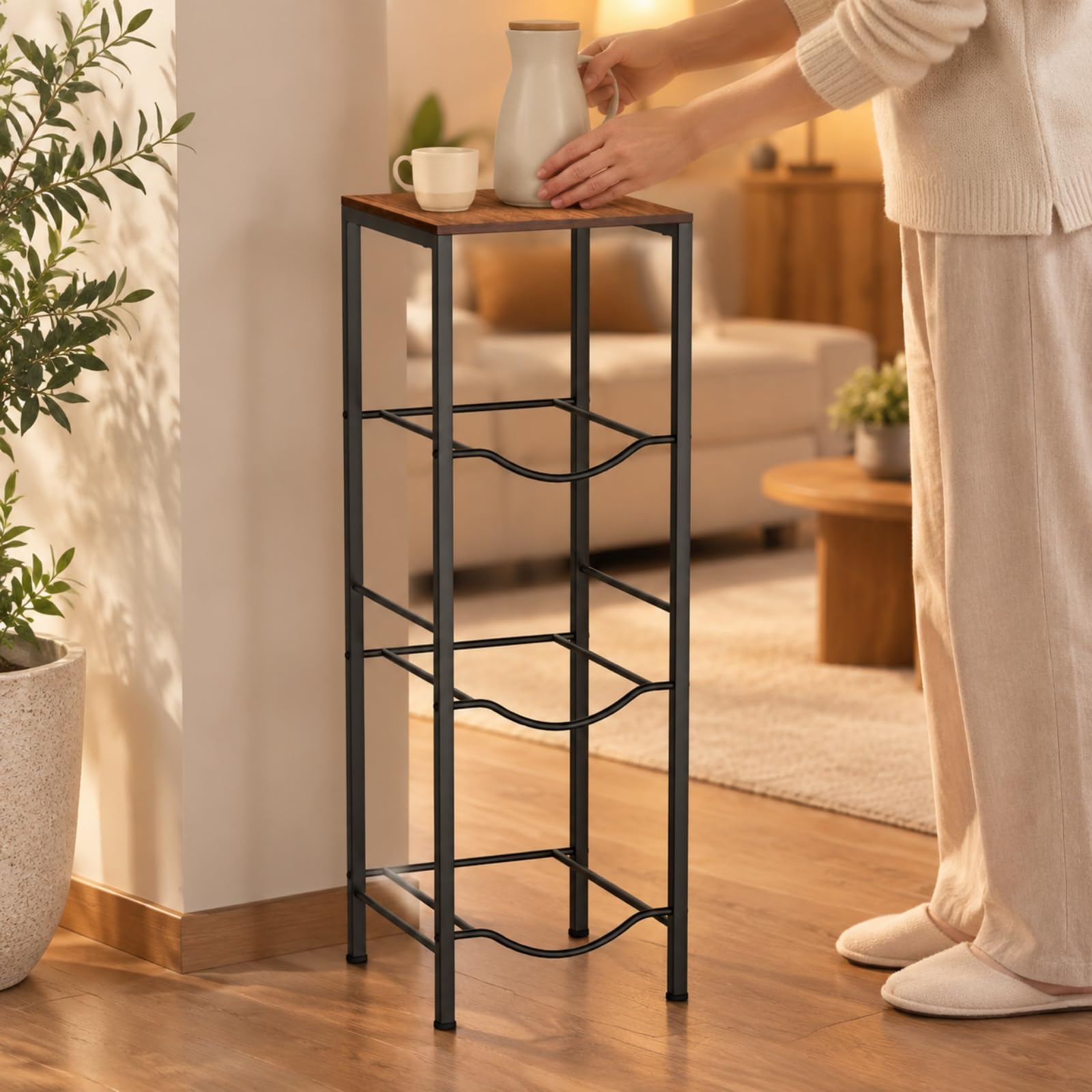 Milageto Portabottiglie Verticale a più Livelli Autoportante Scaffale Portabottiglie con Ripiano in Legno Robusto Portaoggetti per Casa, Non Ruote