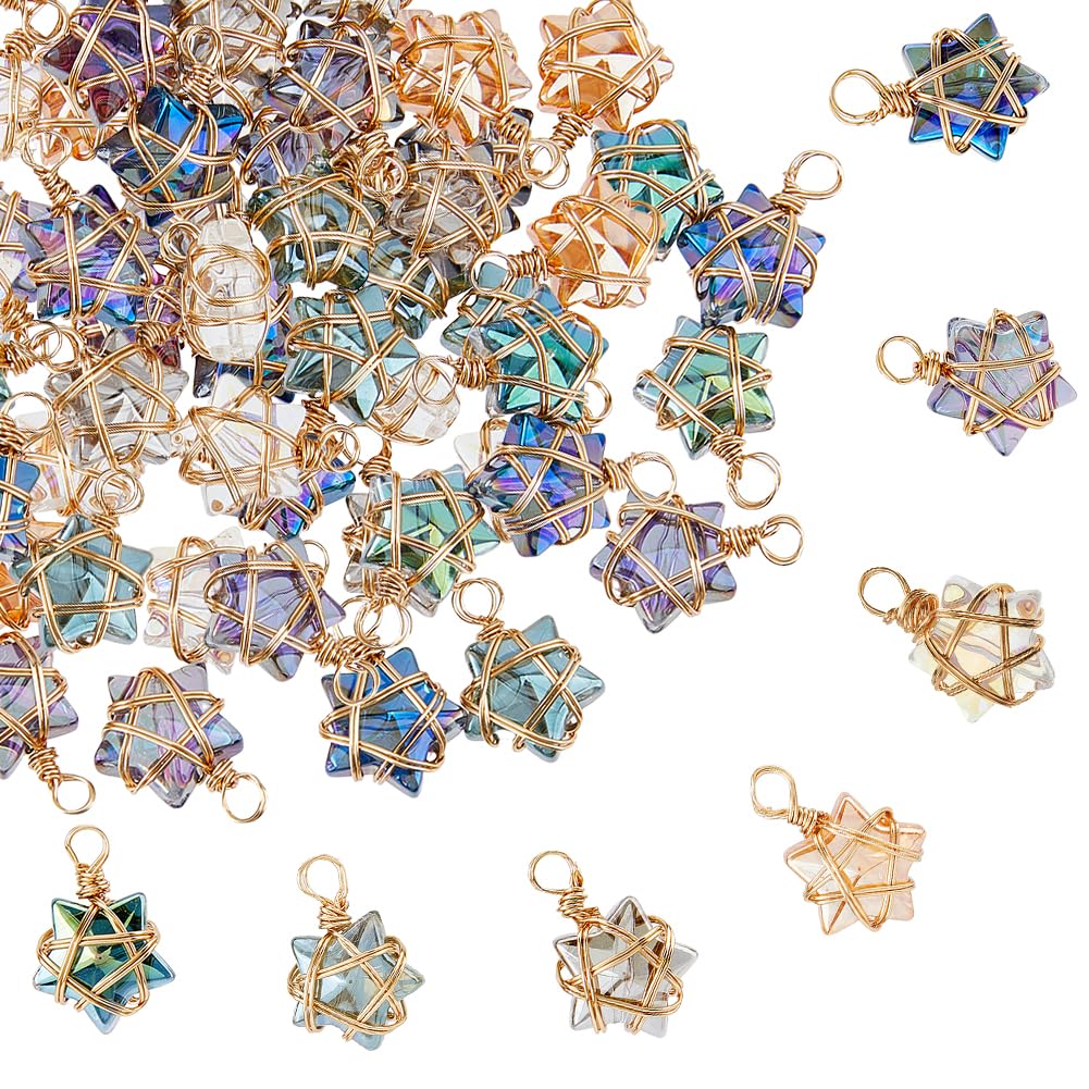 SUPERFINDINGS 70Pcs 7 Colors Glass Star Charms Gold Wire Wrapped Star Pendants AB Color Electroplate Glass Charms Mixed Color Crystal Dangle Charm for Earring Bracelet Necklace Jewellery Making