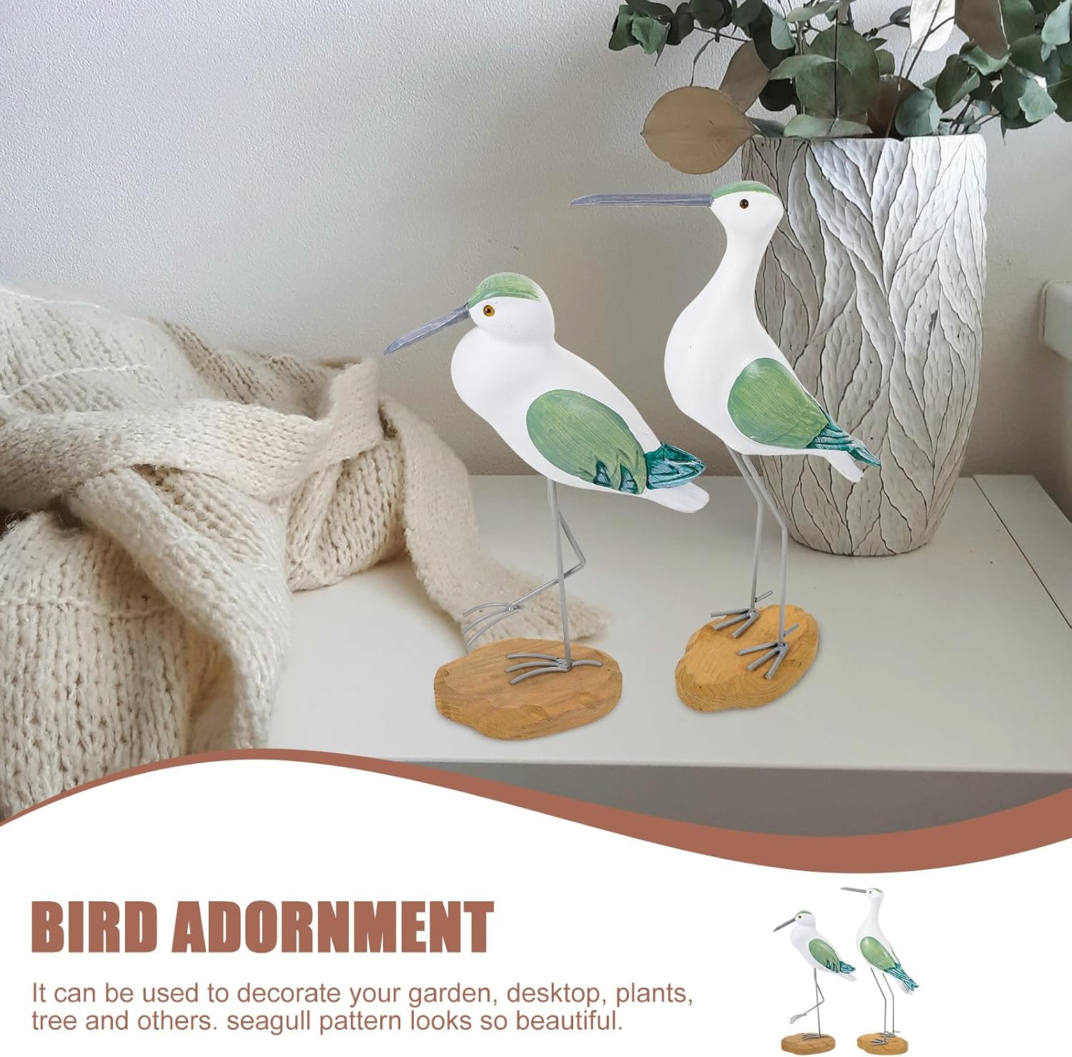 2 Pcs Green Seagull Figurines, Coastal & Nautical Table Sculpture, Modern Synthetic Resin Bird Decor for Shelf, Desk, Office, Garden, Beach House