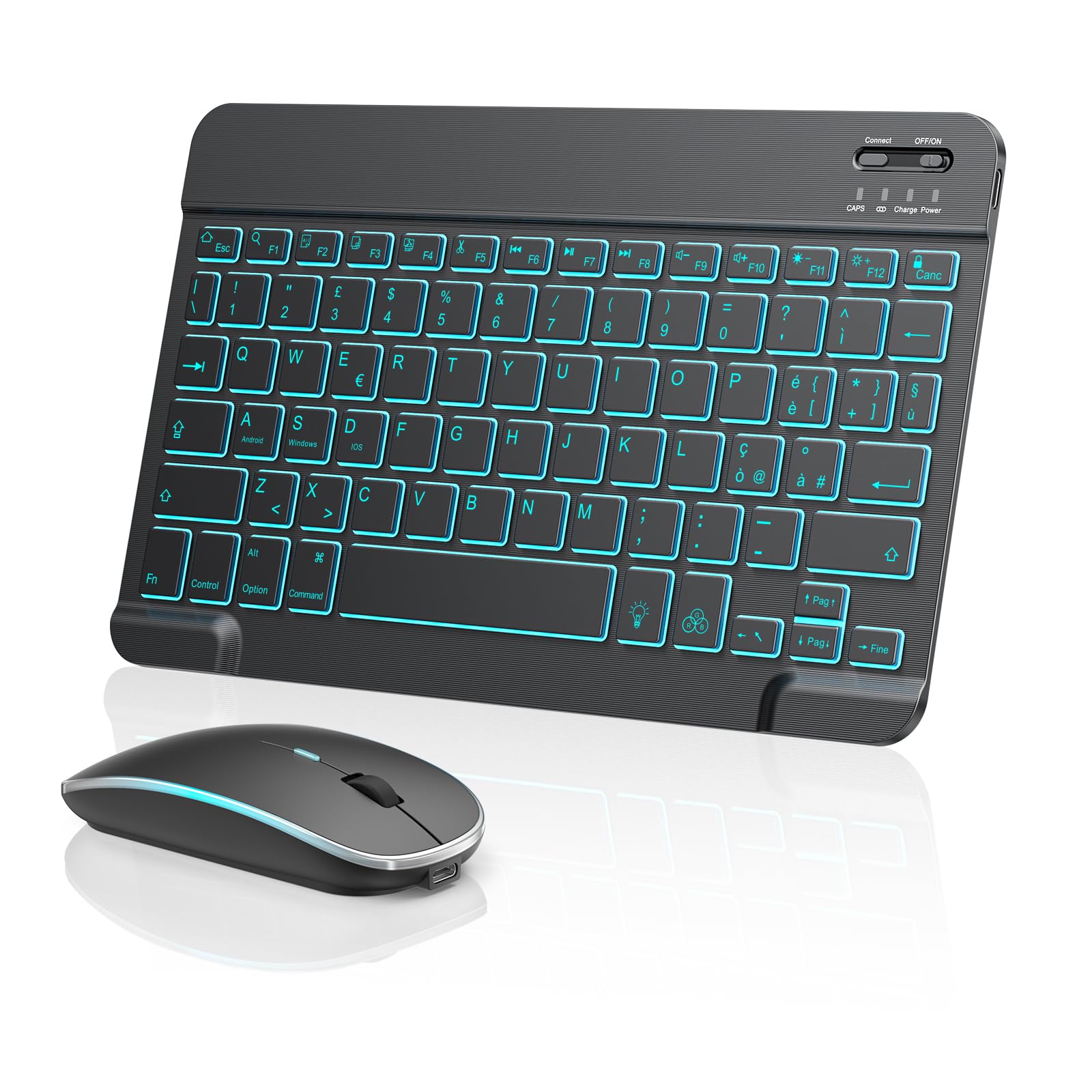 TECURS Kit Tastiera e Mouse Wireless Bluetooth per iPad Pro/Air/Mini | Retroilluminazione LED 7 Colori, Ricaricabile, Layout IT QWERTY, Ultra Sottile e Portatile, Struttura a Forbice Silenziosa