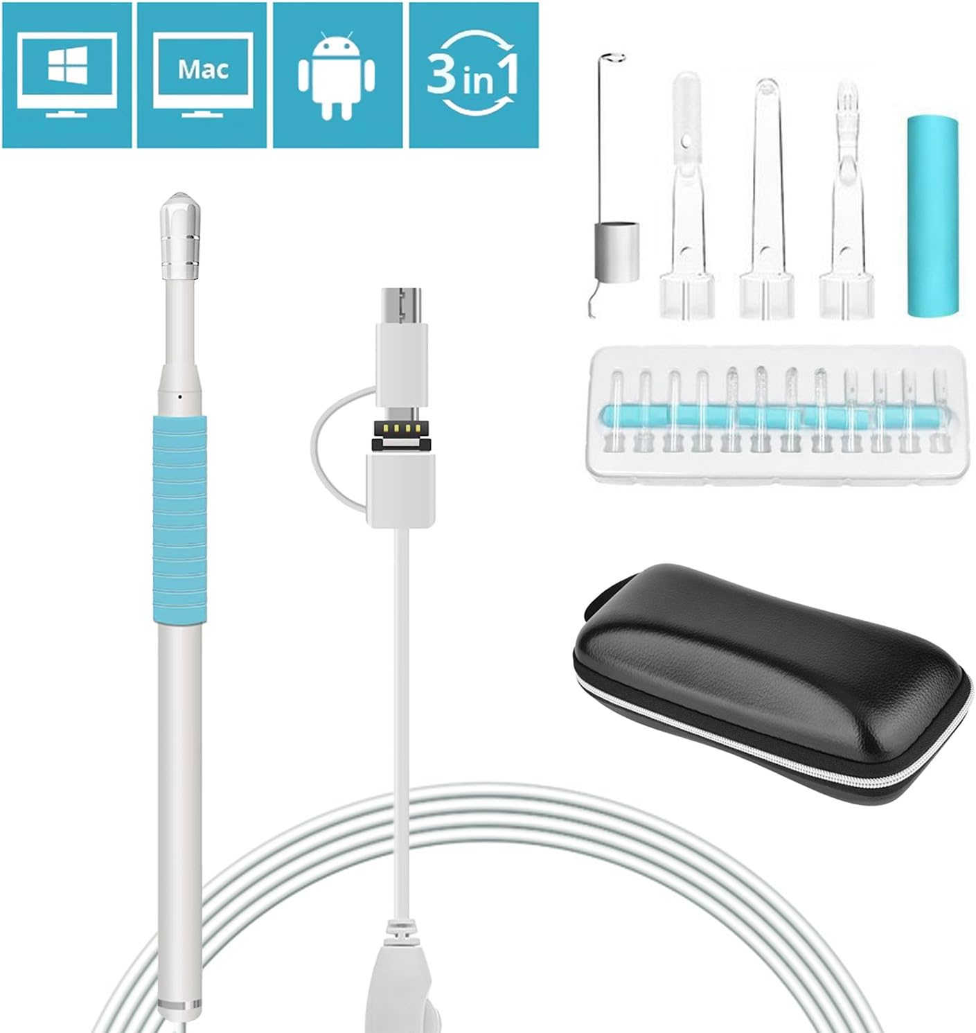 Visual Ear Cleaner Digital Otoscope 3 in 1 USB Borescope Earwax Remover Endoscope with 1.3 Megapixels Inspection Camera 6 Adjustable LEDs for Micro USB, USB-C Android, Windows/MAC PC 6.5ft Blue