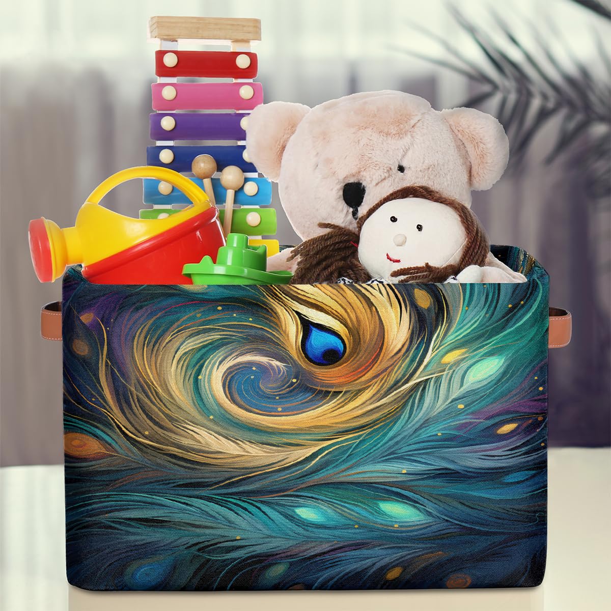 Mexpekil Cesta de almacenamiento abstracta de plumas de pavo real con diseño de galaxia, caja de almacenamiento de juguetes para niños, plegable, organizador de tela para estantes, cesta de regalo