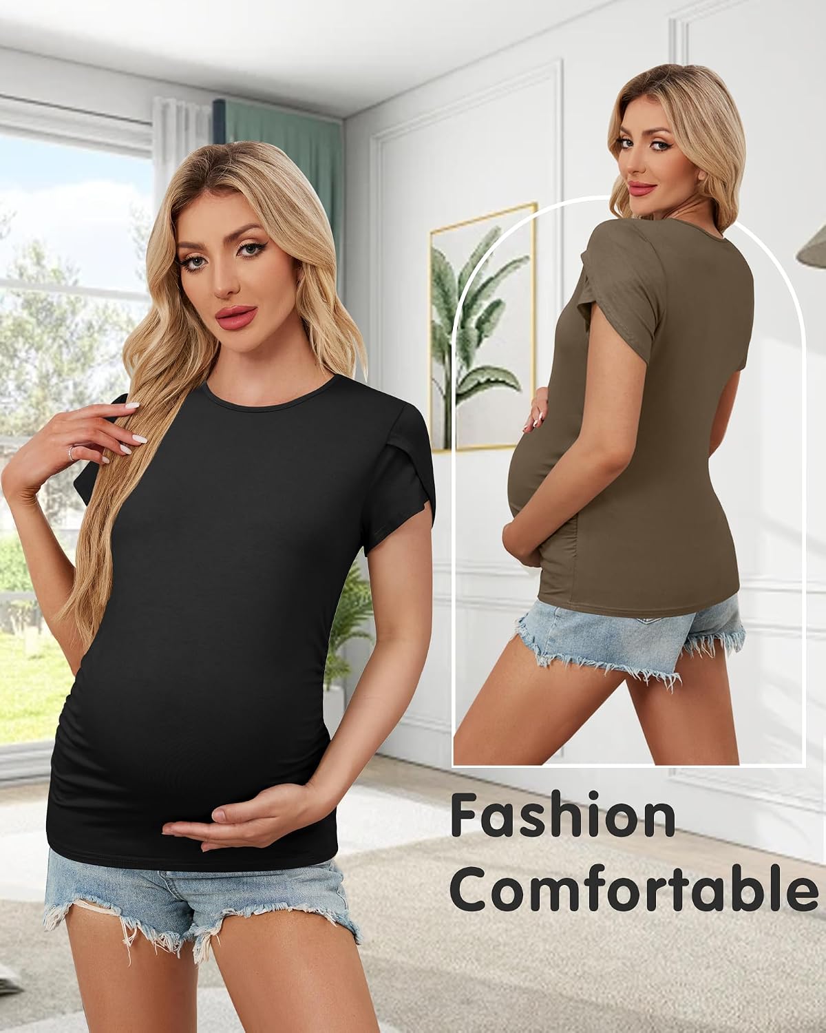 OUGES 3 Pack Women's Maternity Shirts/Tops Crew Neck Short Petal Sleeve Casual Fashion Tee Side Ruched Pregnancy Clothes image 2