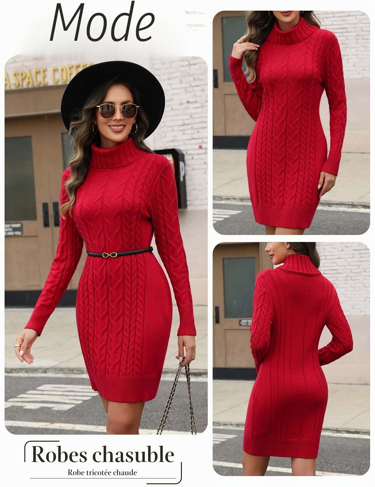 heekpek Robe Pull Femme Hiver Chic et Elegant Col Roulé Chaud Automne Robe Moulante Manche Longue Tricot Jupe Courte