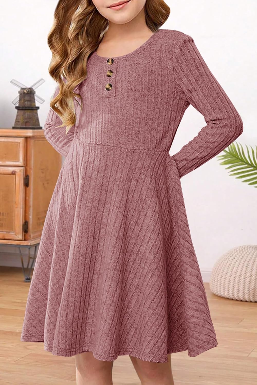 YOVION Girls Fall Long Sleeve Crew Neck Button Down Casual Flared A-Line Ribbed Knit Dress with Pockets for 6-12 Y - Image 2
