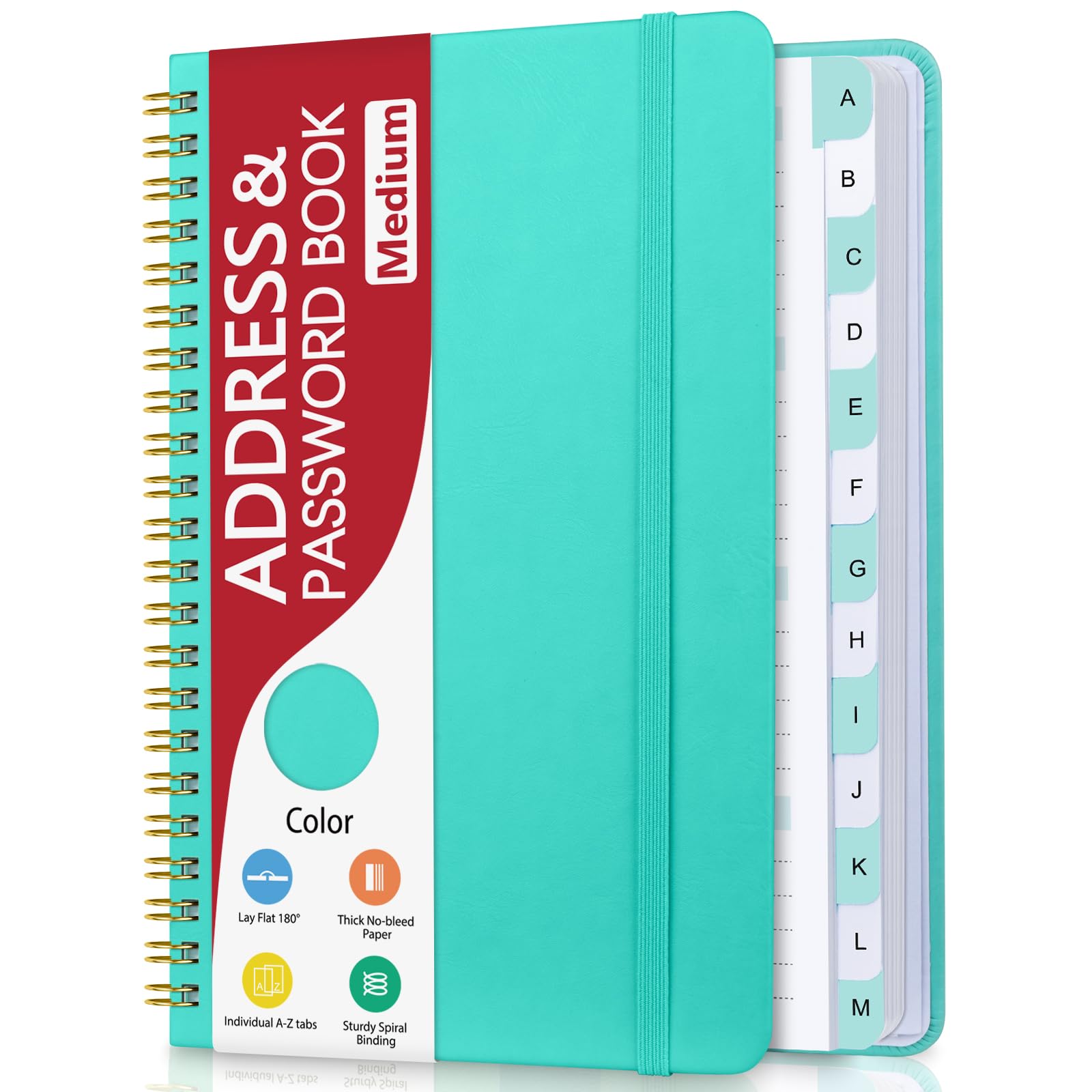 Address Book with Alphabetical Tabs, Hardcover Phone Book Password Keeper with Spiral Binding, Address Books for Seniors, Record Internet Logins, Coloring Pages - 5.7"×7.7" (Teal)