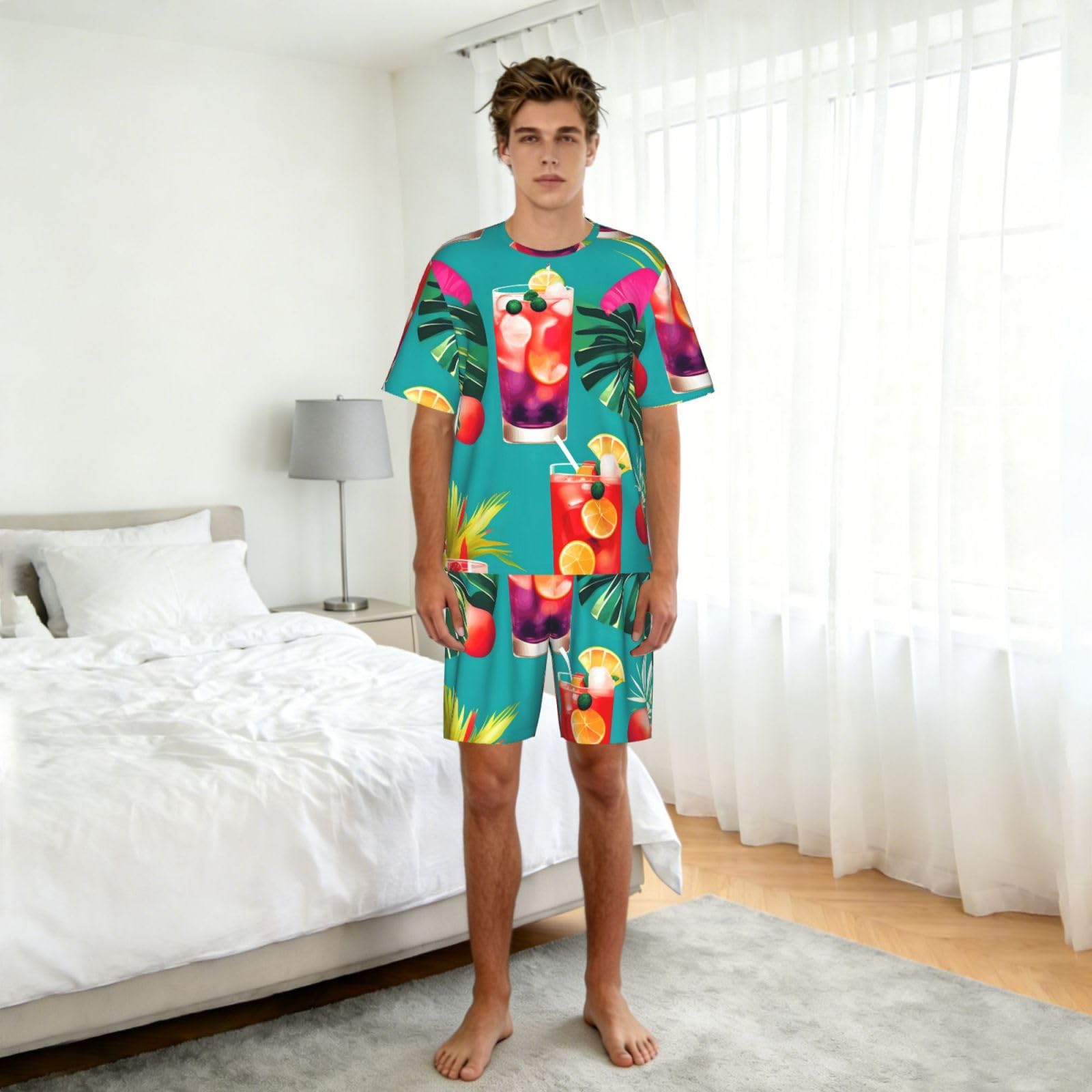 Conjunto de pijama clásico con estampado de cócteles tropicales, pantalones cortos de pijama suaves para hombre, perfecto para las noches de verano
