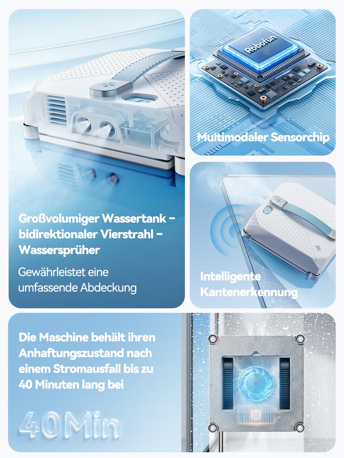 Keero Fensterputzroboter 2026 Neuheit, 9000Pa Fensterreiniger elektrisch Vier-Düsen-System, Randerkennung, 4 Reinigungsmodi, Fensterroboter mit Turbinenmotor, Sicherheitssystem-Modell W37D