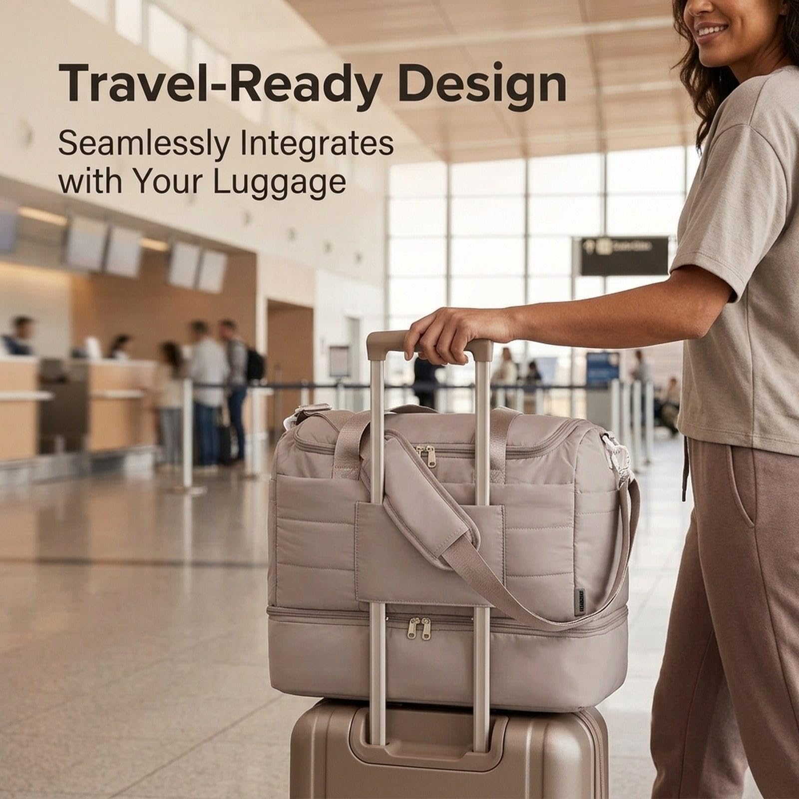Borsa da Viaggio Donna Borsa Tote Multifunzione Borsa Sportiva con Scomparto Scarpe Sacca Leggera Impermeabile Adatta a Escursioni Lavoro Attività, Cachi