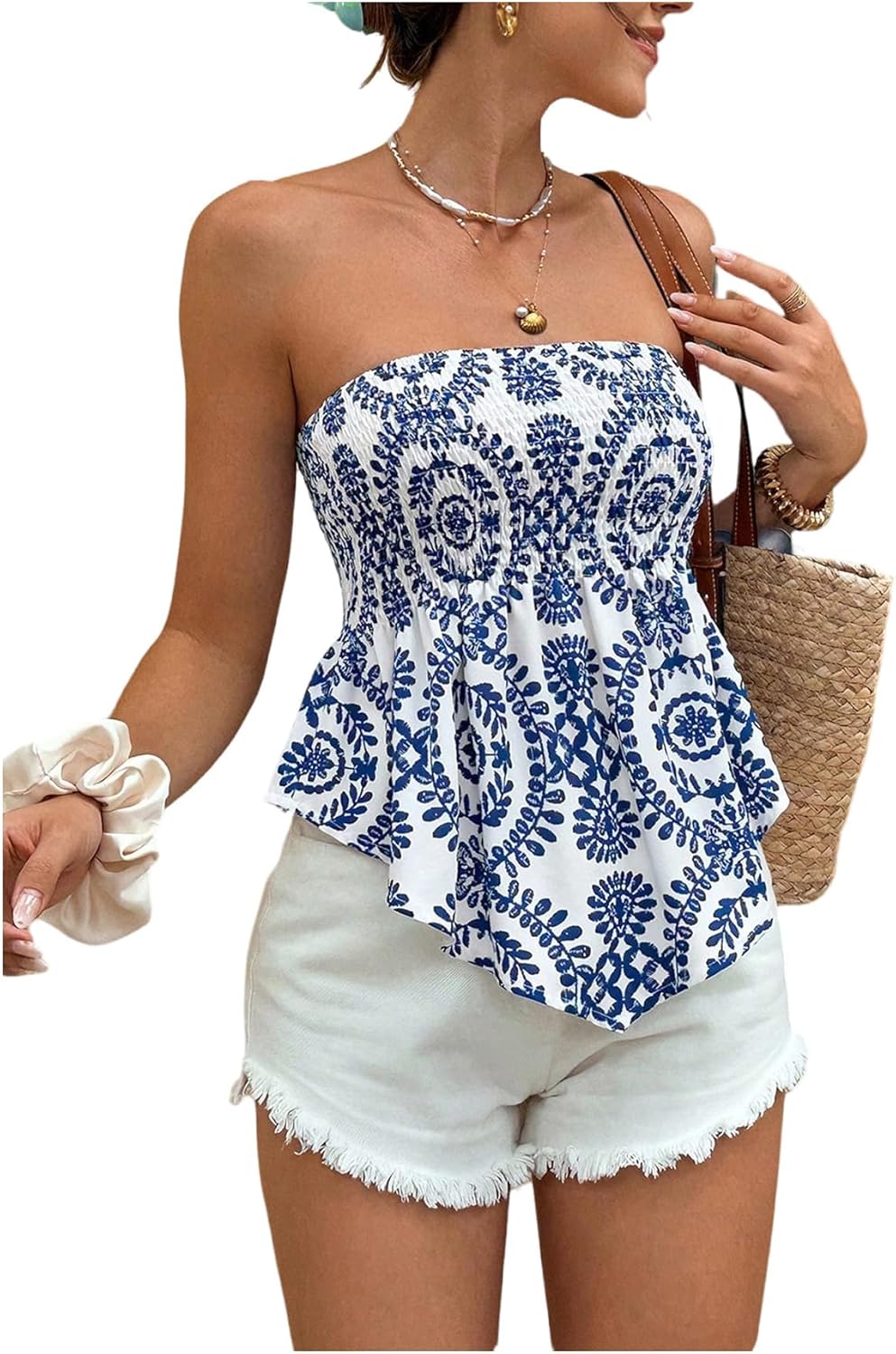 MakeMeChic Women's Boho Tops Strapless Ruffle Hem Going Out Tops Summer Vacation T Shirts - Image 2