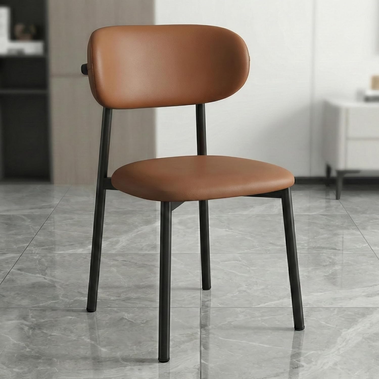 Modern Dining Chairs, Upholstered Dining Room Chair with Curved Backrest, Soft Napa Leather & High-Density Sponge Cushion, Armless Kitchen Dining Chairs, Coffee Brown Seat with Black Legs (1 Pack)