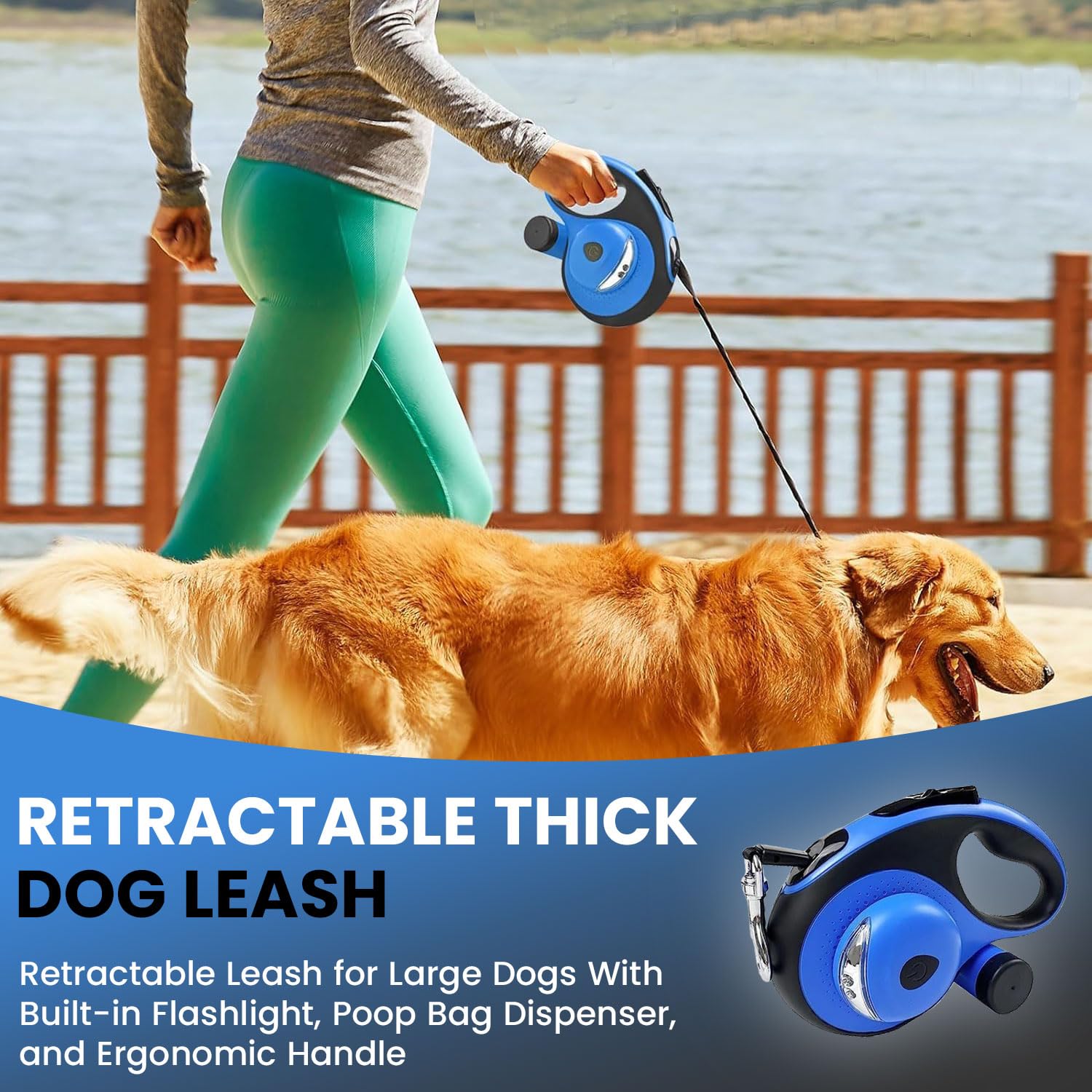 Laisse rétractable pour chien avec distributeur de sacs à déchets et lampe de poche, laisse pour chiens de petite, moyenne et grande taille jusqu'à 50 kg, bouton de verrouillage et de verrouillage