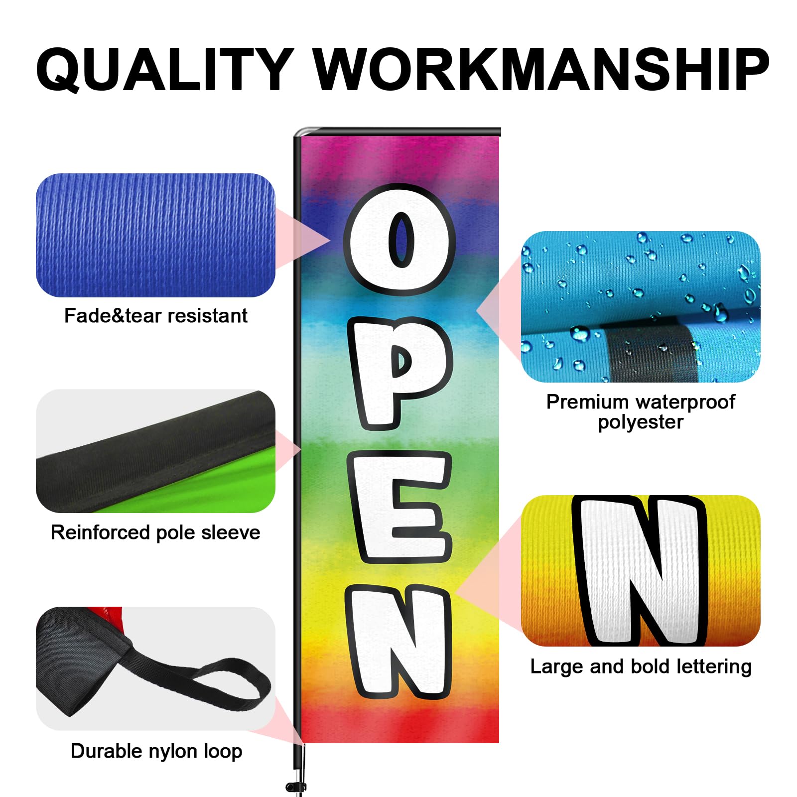 Bandera de plumas rectangular abierta multicolor con kit de mástil de bandera y estaca de tierra, bandera abierta sin viento de 11 pies, cartel de negocios para publicidad en interiores y