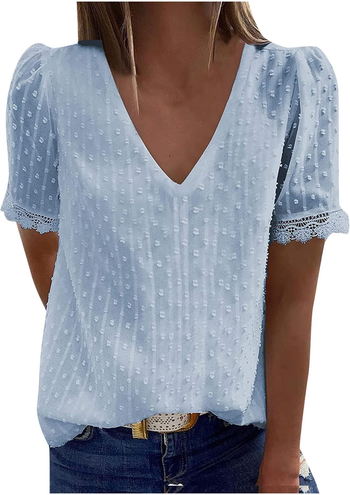 DASAYO Womens V Neck Swiss Dot Summer Top Tshirts Solid Business Dressy Casual Work Blouses Shirt Ladies Fashion Clothes