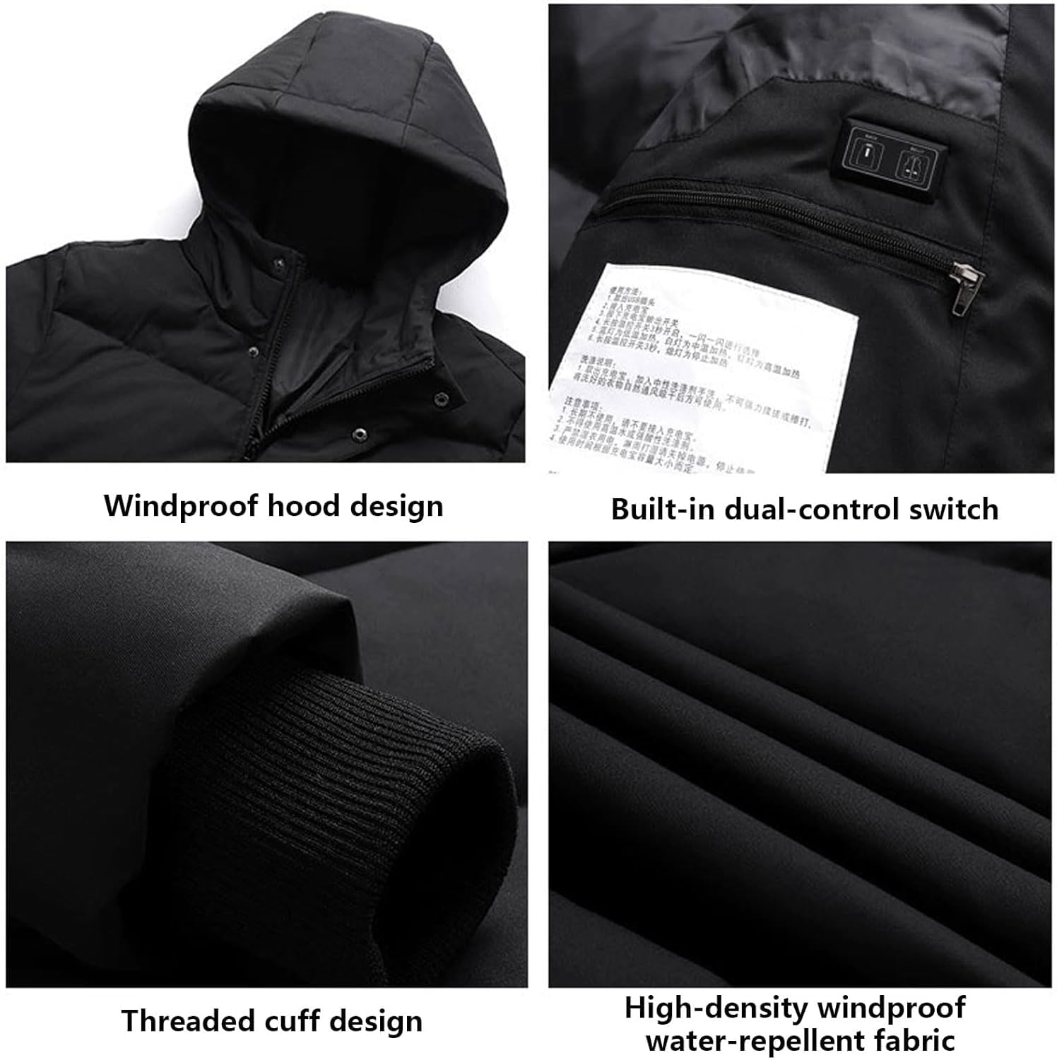 Kurtka grzewcza męska z kapturem 90% puchu kaczego, wiatroodporna, na zewnątrz, na zimę, bez baterii(Noir,XL(72.5-80kg))