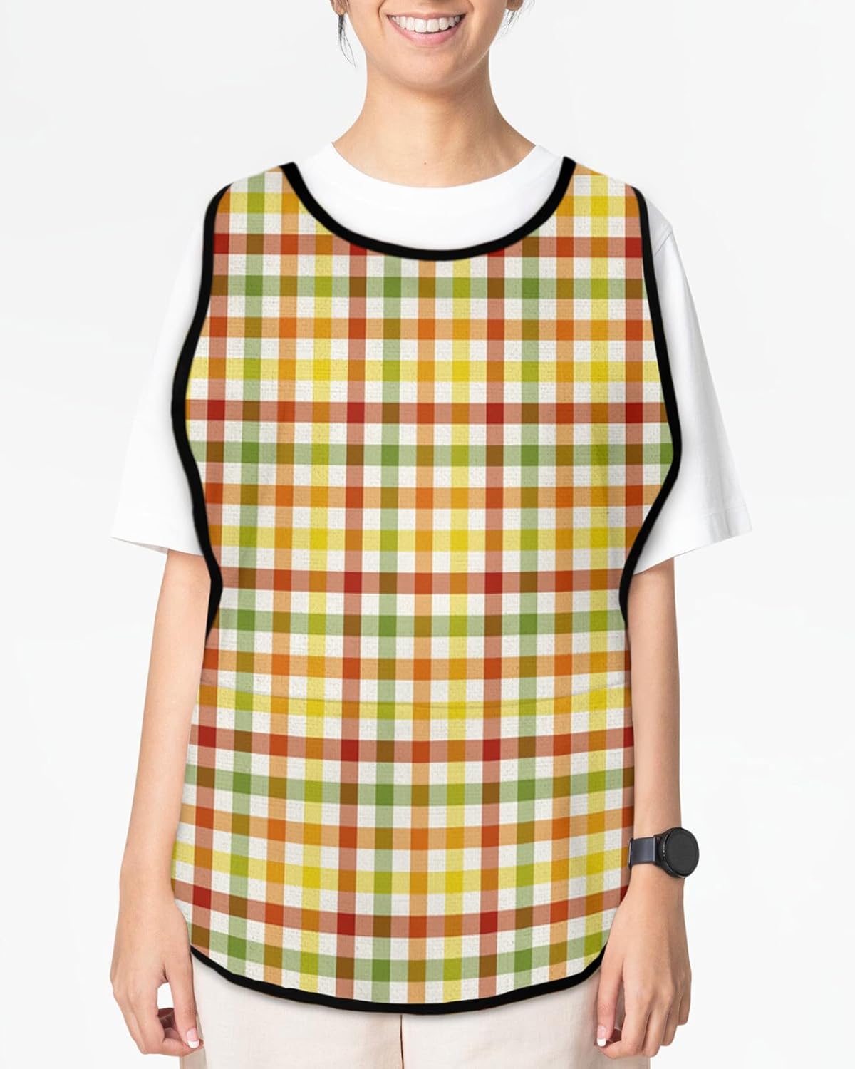 Farmhouse Lattice Plaid Cobbler Aprons with 2 Pockets for Women Men, Thanksgiving Fall Orange Green Yellow