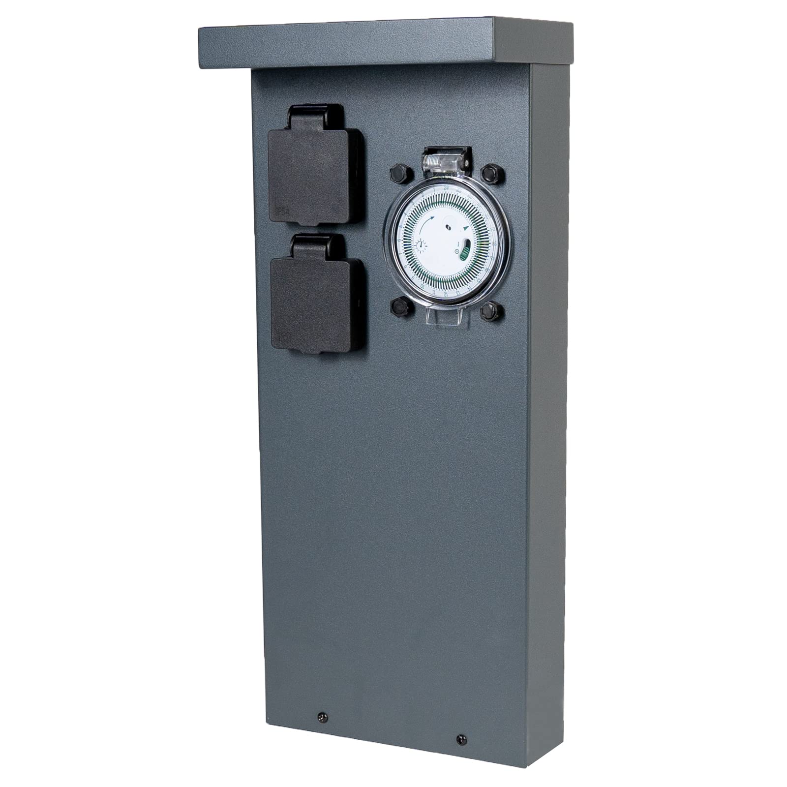 Grafner Edelstahl Design Gartensteckdose mit Zeitschaltuhr 2 Steckdosen, anthrazit, ON/Auto, 3600 Watt, Pulverbeschichtung, Energiesäule Timer Mehrfach Metall Außen Steckdose 2-Fach schwarz lackiert