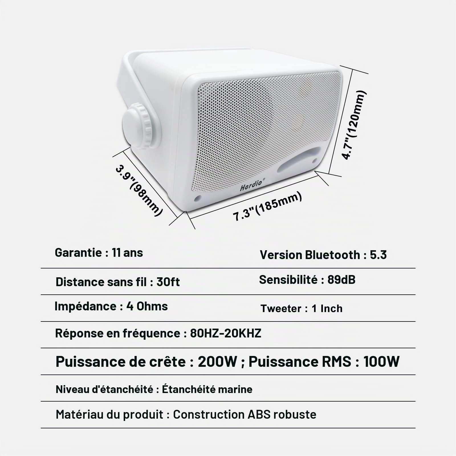 Herdio 3,5" 200 W Haut-parleurs Bluetooth Filaire de - 3 Voies - Étanche - Résistant aux intempéries - Bluetooth Enceintes d'extérieur pour extérieur, Patio, Camping, Bateau, terrasse, Restaurant